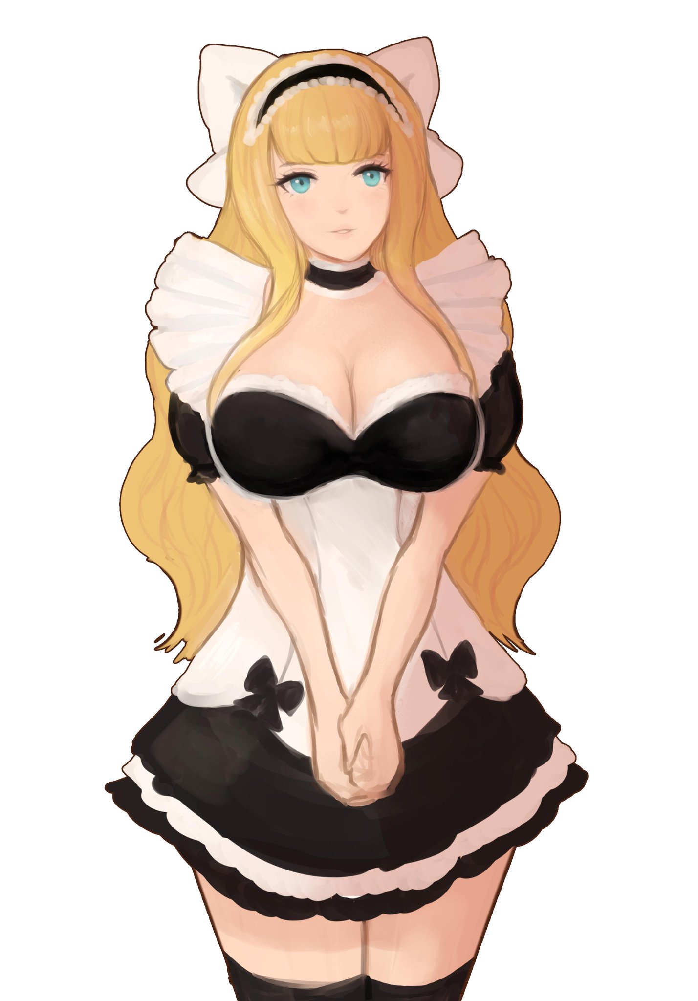 1girls, big breasts, blonde, blonde hair, blue eyes, breasts, charlotte (fire emblem), choker, ciarre arts, cleavage, clothed, female, fire emblem, fire emblem fates, green eyes, large breasts, maid, maid headdress, maid uniform, pale, ribbon, smile, solo, solo female, thighhighs, thin waist, white background, wide hips
