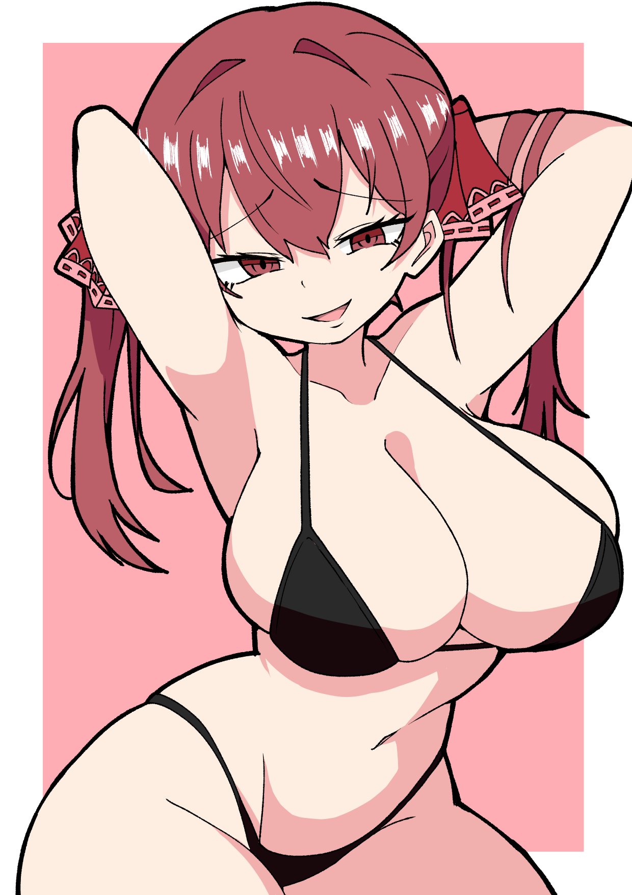 armpits, arms behind head, arrogant, blush, breasts, curvy, female, hitorikanawo, hololive, hololive fantasy, hololive japan, houshou marine, huge breasts, smile, smug, thick thighs, virtual youtuber, voluptuous, wide hips
