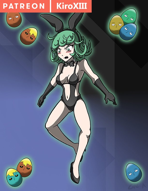 1girls bunny_ears bunnysuit easter_eggs female female_only genos green_eyes green_hair kiroxiii one-punch_man saitama solo tatsumaki watermark