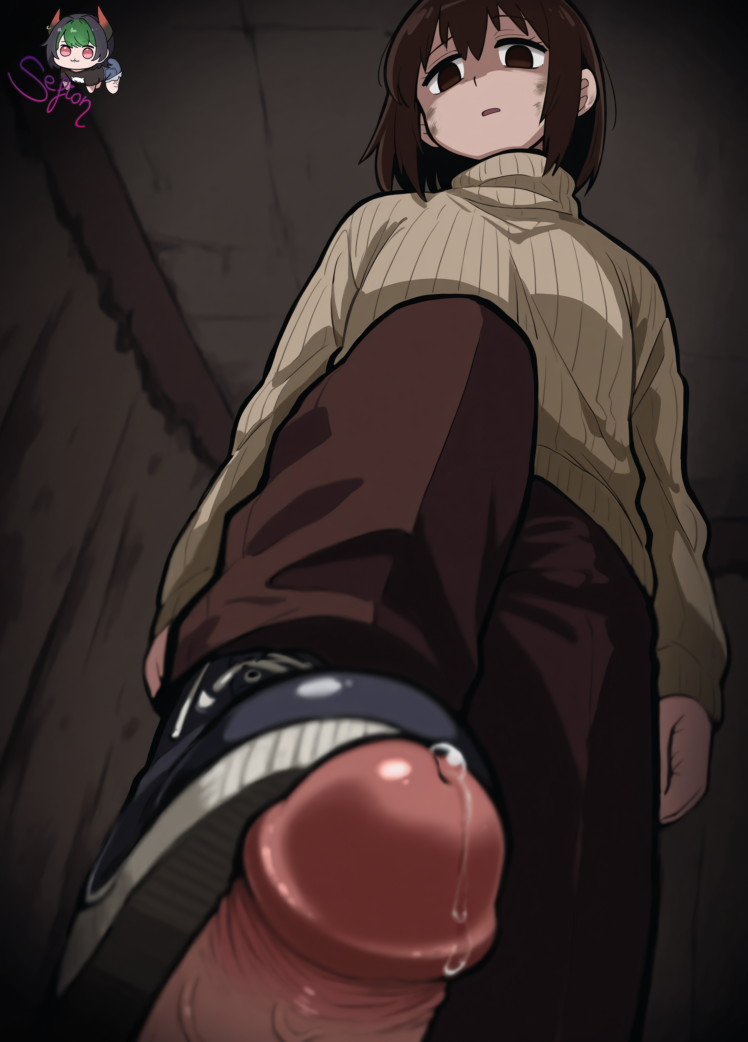 1boy, 1girl, ai assisted, ai generated, angela orosco, beige sweater, black footwear, bob cut, bodily fluids, bondage, brown eyes, brown hair, brown pants, bullying, clothing, dominant, domination, empty eyes, erection, feet, female, femdom, foot fetish, footwear, genital fluids, indoors, long sleeves, looking at viewer, looking down, male, open mouth, pants, penis, precum, precum drip, ribbed, ribbed sweater, sefionnsfw, self upload, shaded face, shoejob, shoes, short hair, silent hill, silent hill 2, solo focus, stepped on, straight, sweater, turtleneck, turtleneck sweater, uncensored, veins, veiny penis, viewed from below