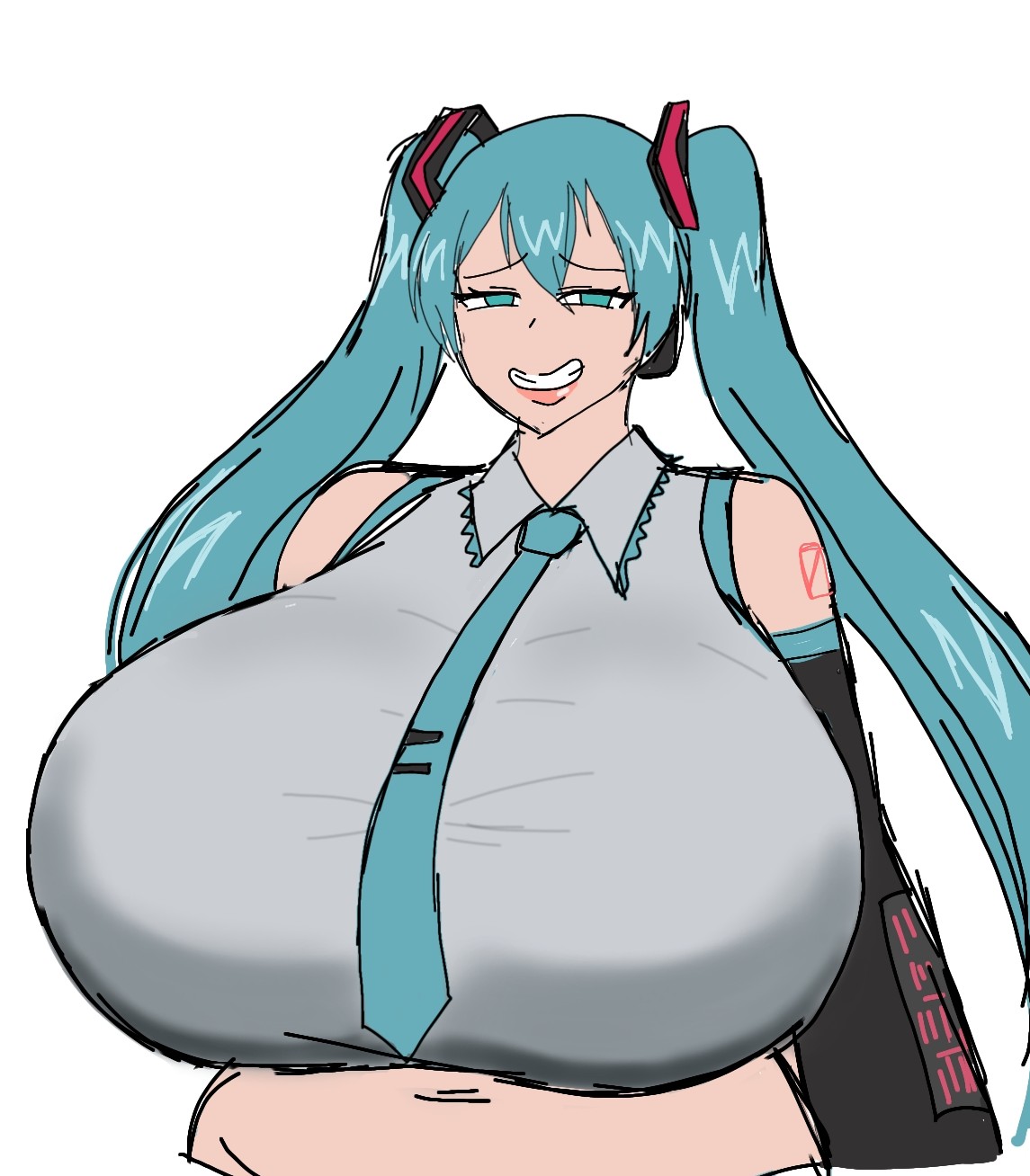 1girl, 1girls, 2d, 2d (artwork), alternate body type, alternate breast size, aqua eyes, aqua hair, bare shoulders, big breasts, blue eyes, blue hair, blue-eyed female, blue-haired female, breasts, breasts bigger than head, busty, busty female, curvy, curvy body, curvy female, curvy figure, detached sleeves, digital drawing (artwork), female, female focus, female only, gigantic breasts, grin, hatsune miku, huge breasts, japanese, japanese female, large breasts, long hair, long-haired female, looking at viewer, mature, mature woman, momiji (artist), navel, necktie, simple background, smile, solo, solo female, solo focus, tie, tie between breasts, twintails, upper body, vocaloid, white background