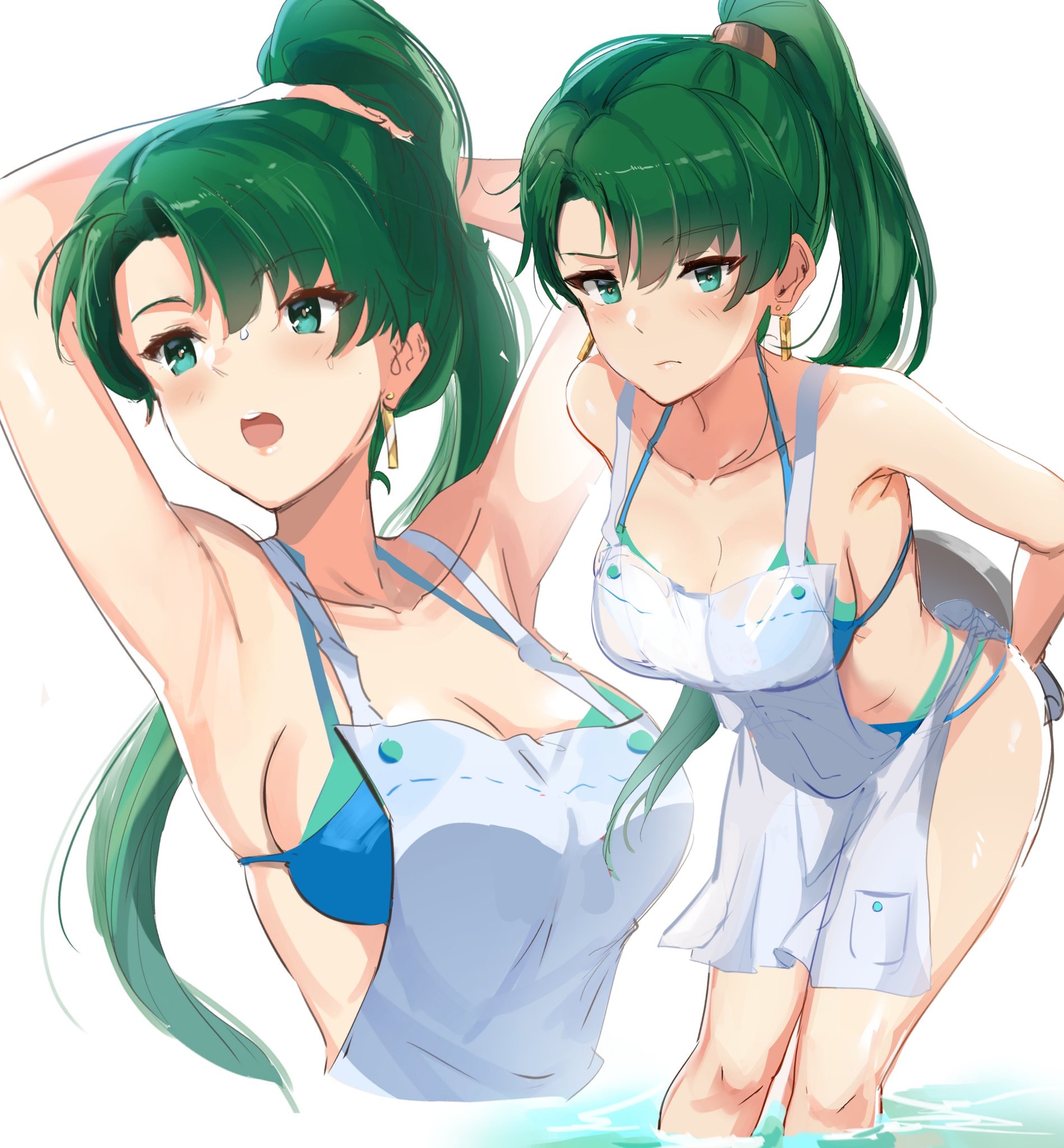 apron, armpits, bikini, blue bikini, breasts, female, fire emblem, fire emblem: the blazing blade, lyn (fire emblem), lyndis (fire emblem), ormille, ponytail, sideboob, thighs