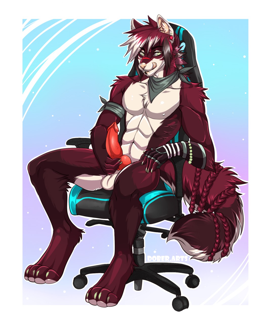 4_toes 5_fingers abs anthro balls canid canine canis digitigrade fingers hi_res male male_only mammal pale_eyes penis pink_nose red_penis sheldondober sitting smile solo toes wolf