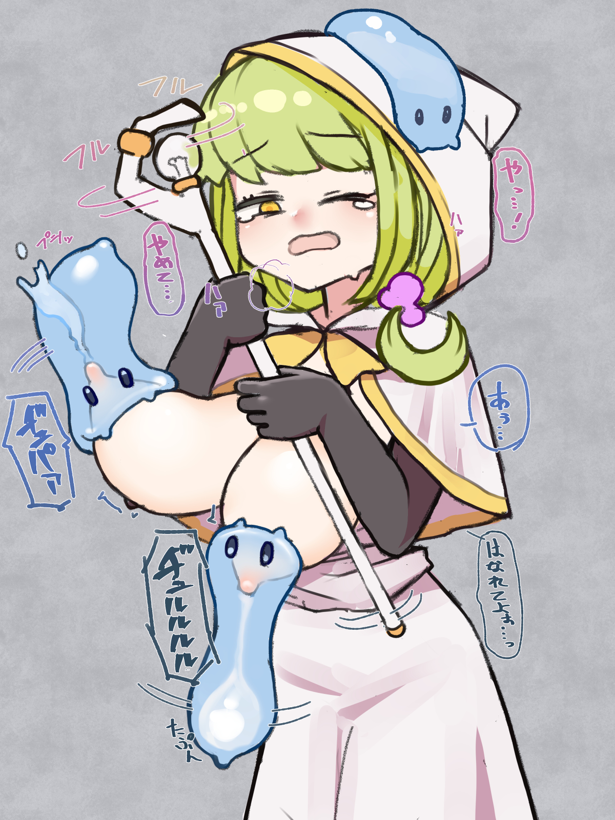 1girls, breasts, cleric, female, golden eyes, green hair, grimace, hood, japanese text, lactation, large breasts, milking, mostly clothed, nijitama shiyushiyu, original character, slime, staff, translation request