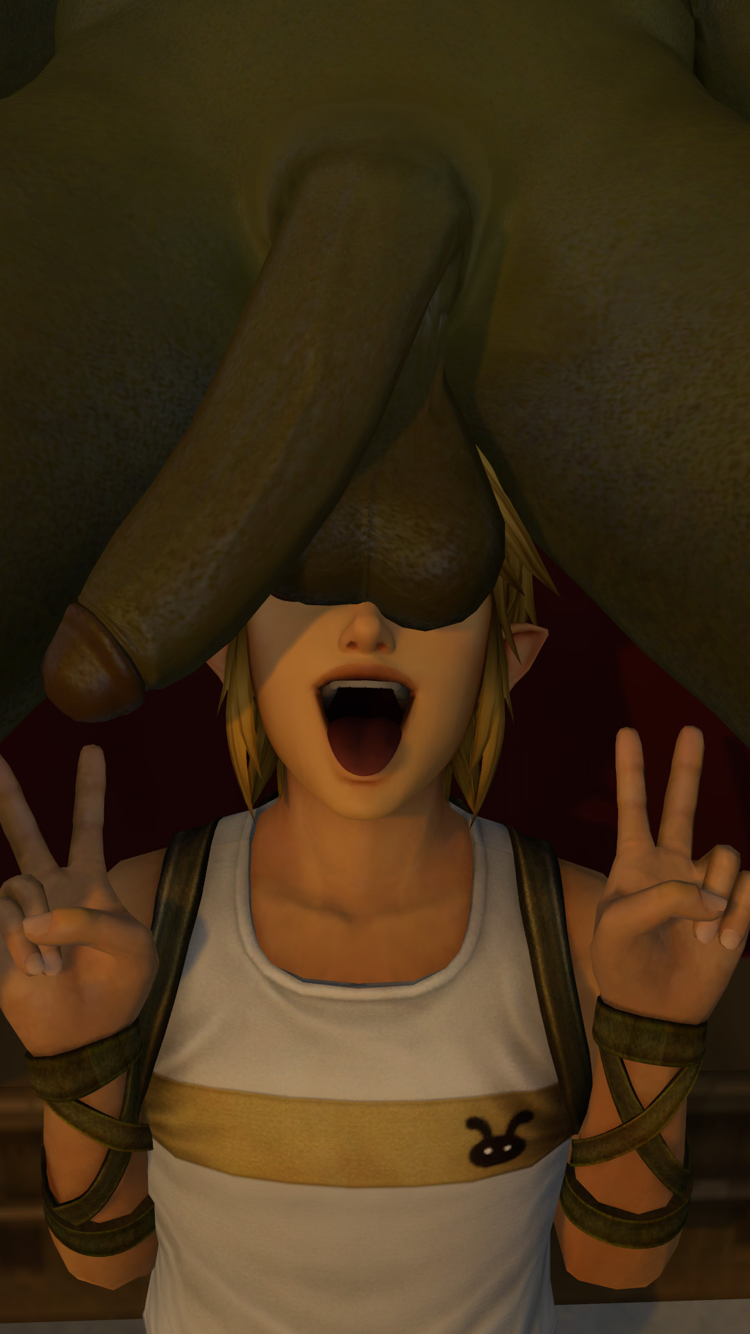 3d, 3d (artwork), balls, balls on face, big penis, boner, cant see the haters, erection, femboy, ganondorf, gay, green skin, hyrule warriors, imminent oral, link, link (hyrule warriors), male, male only, onyx1886, open mouth, penis, presenting throat, seductive mouth, the legend of zelda, throat, tongue, tongue out, uncensored, yaoi