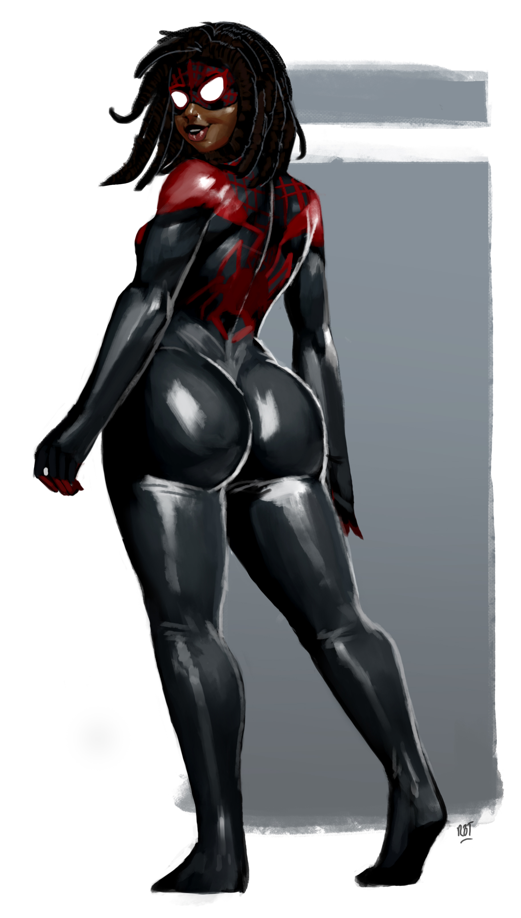 1girls, 5 fingers, ass, ass focus, big ass, big butt, black hair, bodysuit, breasts, brown skin, bubble ass, bubble butt, clothed, clothes, clothing, color, colored, costume, dark hair, dark skin, dark-skinned female, dreadlocks, female, female focus, female only, fully clothed, genderswap, genderswap (mtf), hair on head, happy, human, human only, large ass, lipstick, long hair, looking at viewer, makeup, marvel, marvel comics, mask, masked, miles morales, mouth open, open mouth, outfit, parted lips, plain background, red lips, red lipstick, redblacktac, rule 63, shiny, shiny clothes, shiny skin, signature, simple background, skin tight, small breasts, smile, smiling at viewer, solo, solo female, solo focus, spider-man (miles morales), spider-man (series), spider-woman, standing, superheroine, teeth, thick ass, thick lips, thick thighs, tight clothing, tiptoes, white eyes, wide hips