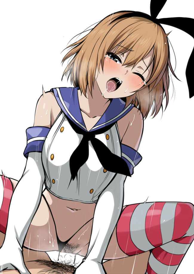 1boy animal_ears aoi_miyamori bare_shoulders black_panties blonde_hair blush bunny_ears censored clothed_sex clothing collarbone commentary_request cosplay cowgirl_position crop_top elbow_gloves eyebrows_visible_through_hair female gloves half-closed_eyes highleg highleg_panties horosuke_(toot08) kantai_collection miyamori_aoi navel neckerchief one_eye_closed open_mouth panties panties_aside penis pubic_hair pussy sailor_collar saliva school_uniform serafuku sex shimakaze_(kantai_collection)_(cosplay) shirobako short_hair simple_background sleeveless spread_legs stockings straddling straight string_panties striped striped_legwear sweat tears thighhighs thong underwear white_background white_gloves