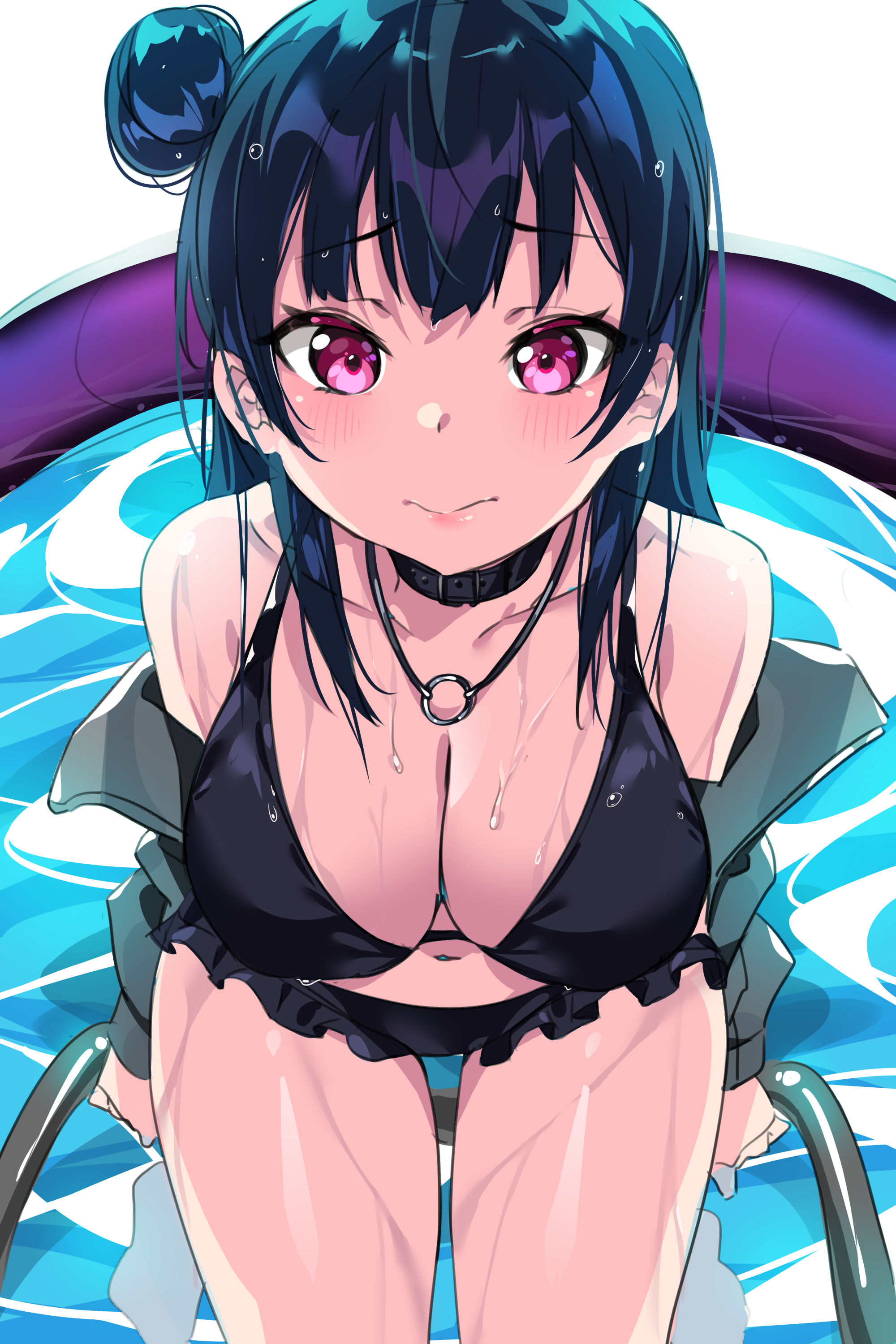 1girls, bangs, big breasts, bikini, black bikini, black swimsuit, blue hair, blush, blushing, breasts, busty, cleavage, clothing, collar, curvy, embarrassed, eyelashes, female, female only, fully clothed, hair bun, hairbun, highres, huge breasts, in water, inner tube, large breasts, lips, looking at viewer, love live!, love live! sunshine!!, medium hair, navel, navel piercing, necklace, pink eyes, purple eyes, sexually suggestive, shiny clothes, shiny hair, shiny skin, solo, solo female, swimsuit, tem10, thick thighs, tsushima yoshiko, voluptuous, water, wet, wet clothes, wide hips