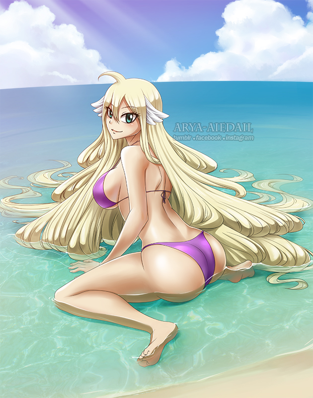 1girls, absurdly long hair, arya-aiedail, ass, back, barefoot, bikini, blue eyes, breasts, day, eyelashes, fairy tail, female, large breasts, long hair, looking at viewer, looking back, mavis vermilion, ocean, older, outdoors, purple bikini, sand, sideboob, smile, solo, sunlight, swimsuit, very long hair, wariza, water