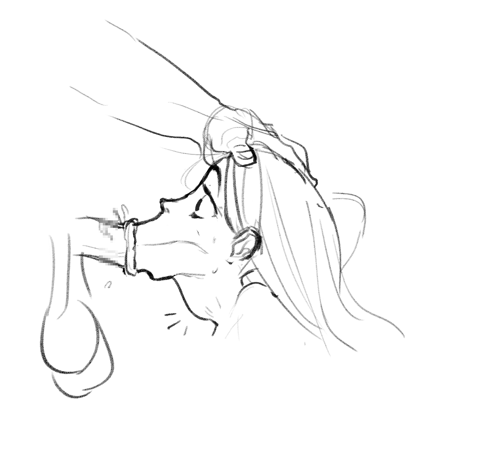:>=, 1boy, 1girls, angry dragon, balls, big balls, big lips, censored, deepthroat, eyes open, eyes wide open, fellatio, fellatrix, female, holding head, huge cock, lipstick, long hair, male, open eyes, oral, oral sex, penis, side view, sketch, surprised, thick lips, wide eyed