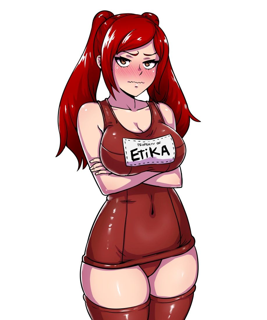 1girls, big breasts, breasts, cleavage, embarrassed, female, red hair, redhead, solo, solo female, solo focus, text, thighhighs, thighs