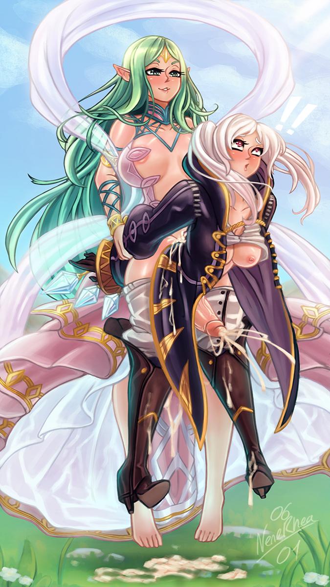 ! !! 2futas arm_grab bare_legs barefoot boots breasts breasts_out clothed coat cum defeated dress excessive_cum fire_emblem fire_emblem_awakening floating from_behind futa_on_futa futa_only futanari gloves green_eyes green_hair grima_(fire_emblem) high_heels implied_futanari intersex large_breasts legs long_hair medium_breasts medium_hair naga_(fire_emblem) nenerhea nintendo nipples pointed_ears pointy_ears rape red_eyes robin_(fire_emblem) robin_(fire_emblem)_(female) sex shocked smile twintails very_long_hair white_hair