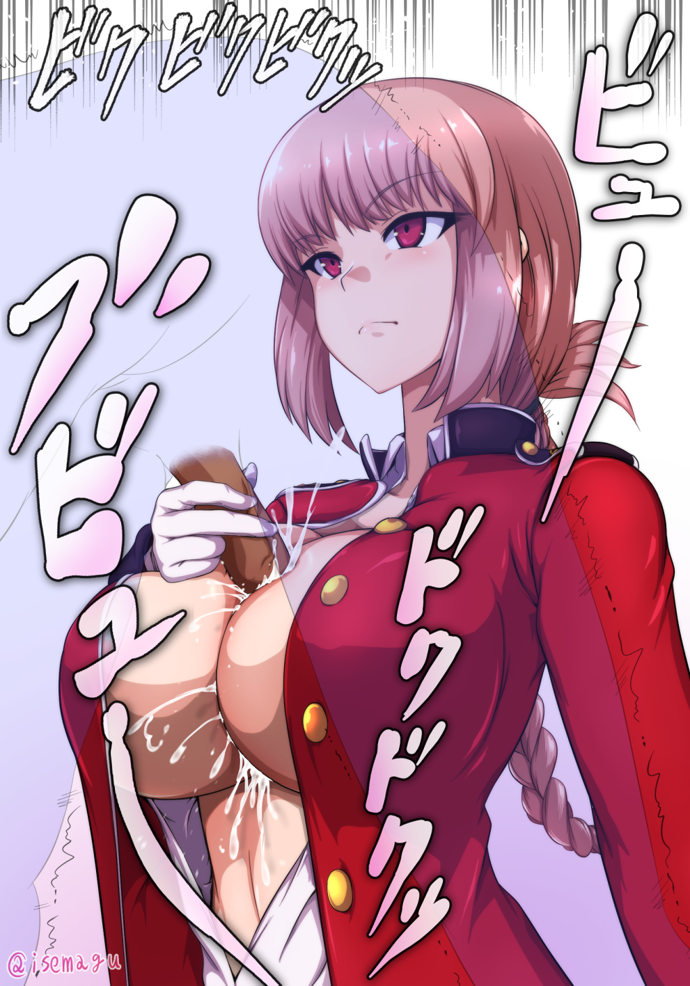 1boy bangs braid breasts commentary_request cum cum_on_body cum_on_breasts cum_on_upper_body epaulettes erection expressionless eyebrows_visible_through_hair fate/grand_order fate_(series) female florence_nightingale_(fate) folded_ponytail gloves gradient gradient_background highres huge_breasts isemagu jacket long_hair looking_away military military_uniform no_bra open_clothes open_jacket open_shirt paizuri penis pink_hair red_coat red_eyes red_jacket shiny shiny_hair shirt solo_focus straight twitter_username unbuttoned uniform white_gloves white_shirt