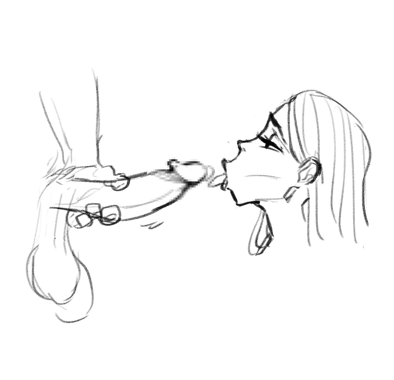 :>=, 1boy, 1girls, angry dragon, balls, big balls, censored, fellatio, fellatrix, female, holding penis, huge balls, huge cock, licking, licking penis, lipstick, long hair, male, naughty face, penis, sagging balls, side view, sketch, tongue, tongue out