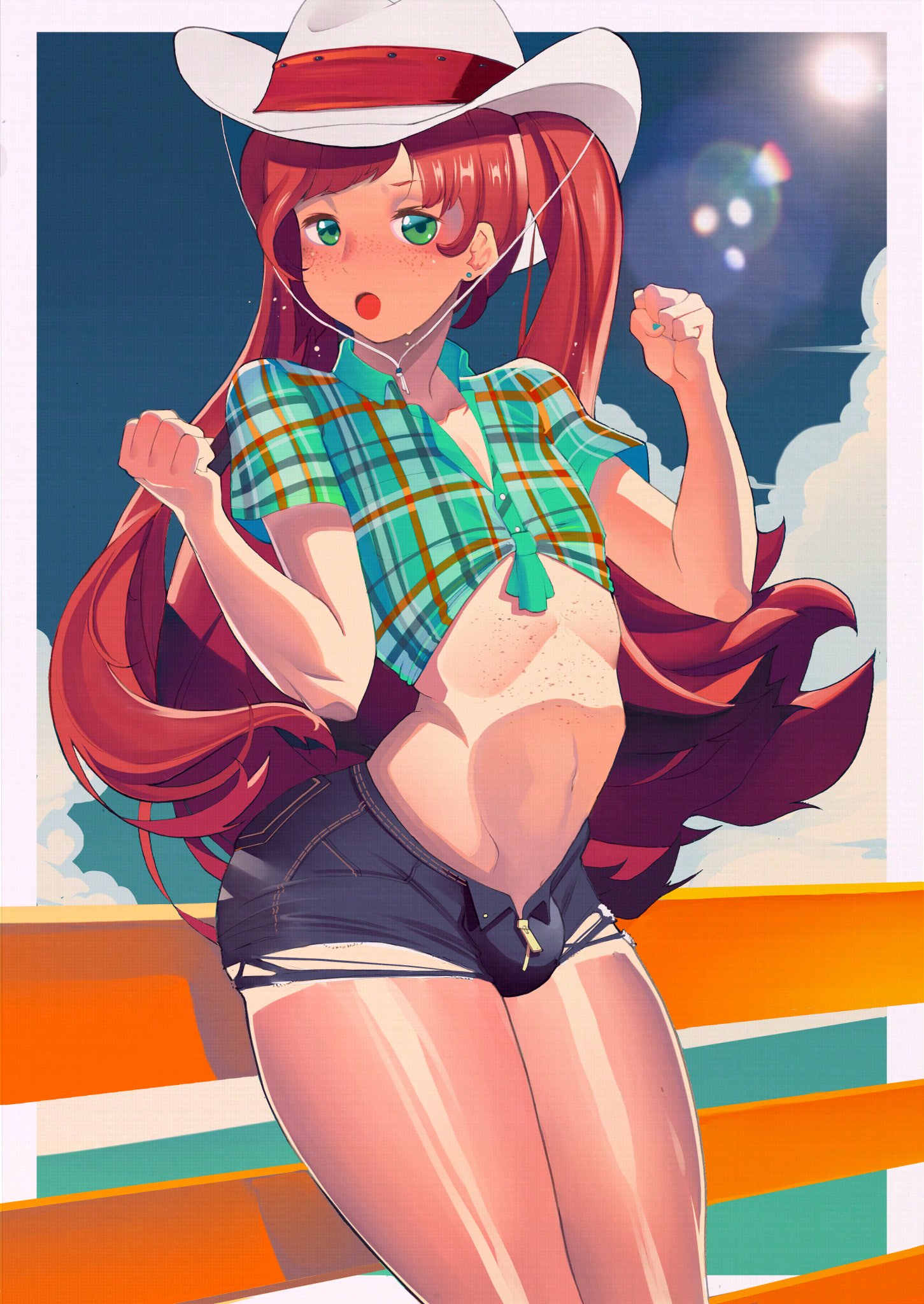 1boy, ass, balls, balls bulge, balls in panties, balls under clothes, bimbo, bulge, cowboy, cowboy hat, crack the moon, crossdressing, daisy dukes, farmer, farmgirl, female, femboy, flaccid, freckles, ginger, green eyes, jean shorts, large ass, lens flare, male, male only, outdoors, panties, panty bulge, penis, penis bulge, penis in panties, penis under clothes, public, red hair, redhead, shorts, shortshorts, sissy, sweat, tagme, tanline, tied shirt, torn clothes, trap