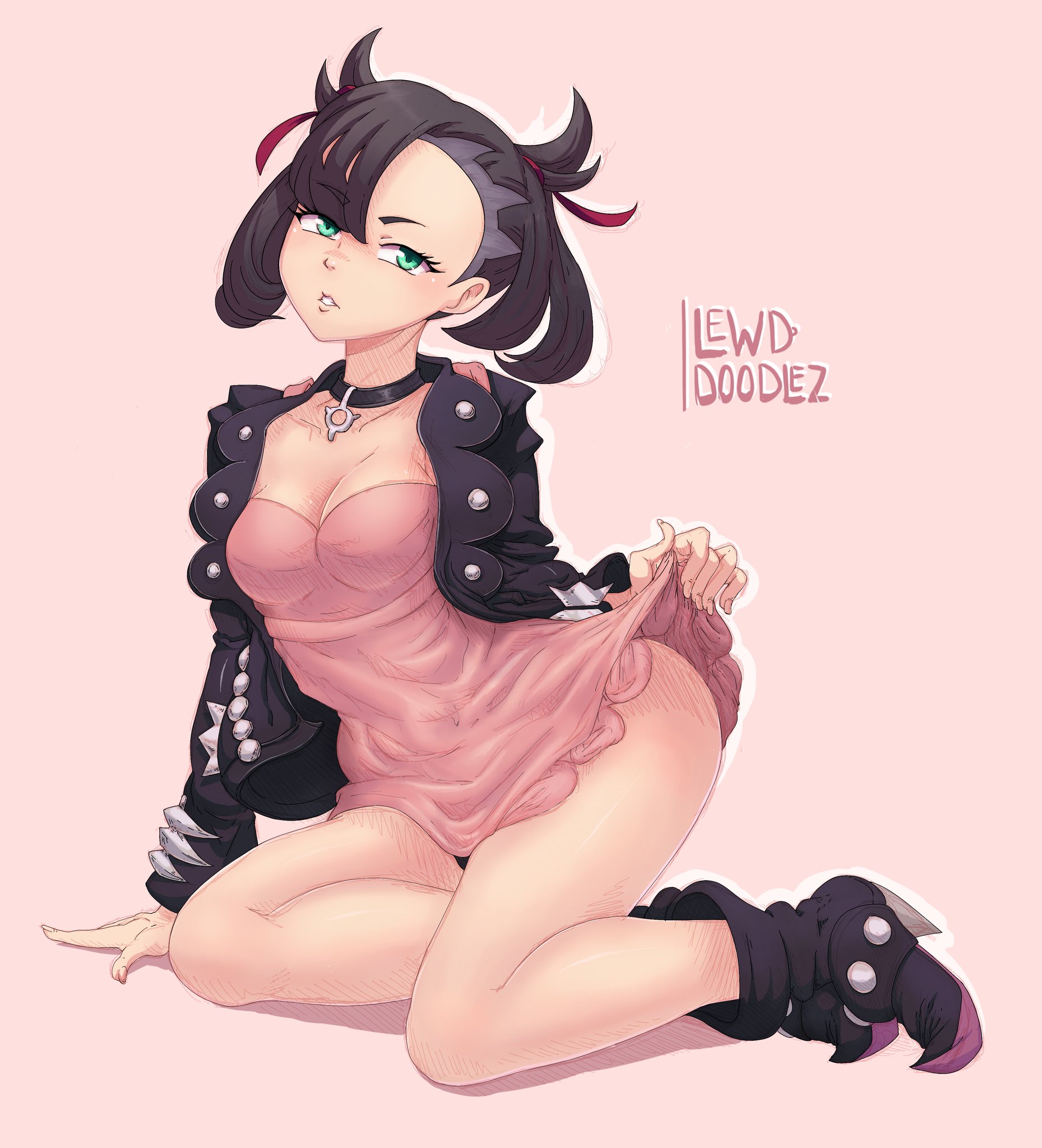 1girls, alternate breast size, ass, black hair, black jacket, boots, breasts, choker, cleavage, dress, dress lift, eye contact, female, female focus, female only, green eyes, hair over one eye, hair ribbon, half-closed eyes, human only, jacket, lewddoodlez, looking at viewer, marnie (pokemon), nintendo, pink dress, pokemon, pokemon ss, pokemon trainer, shoes, solo, text, thick thighs, twintails, watermark, wide hips