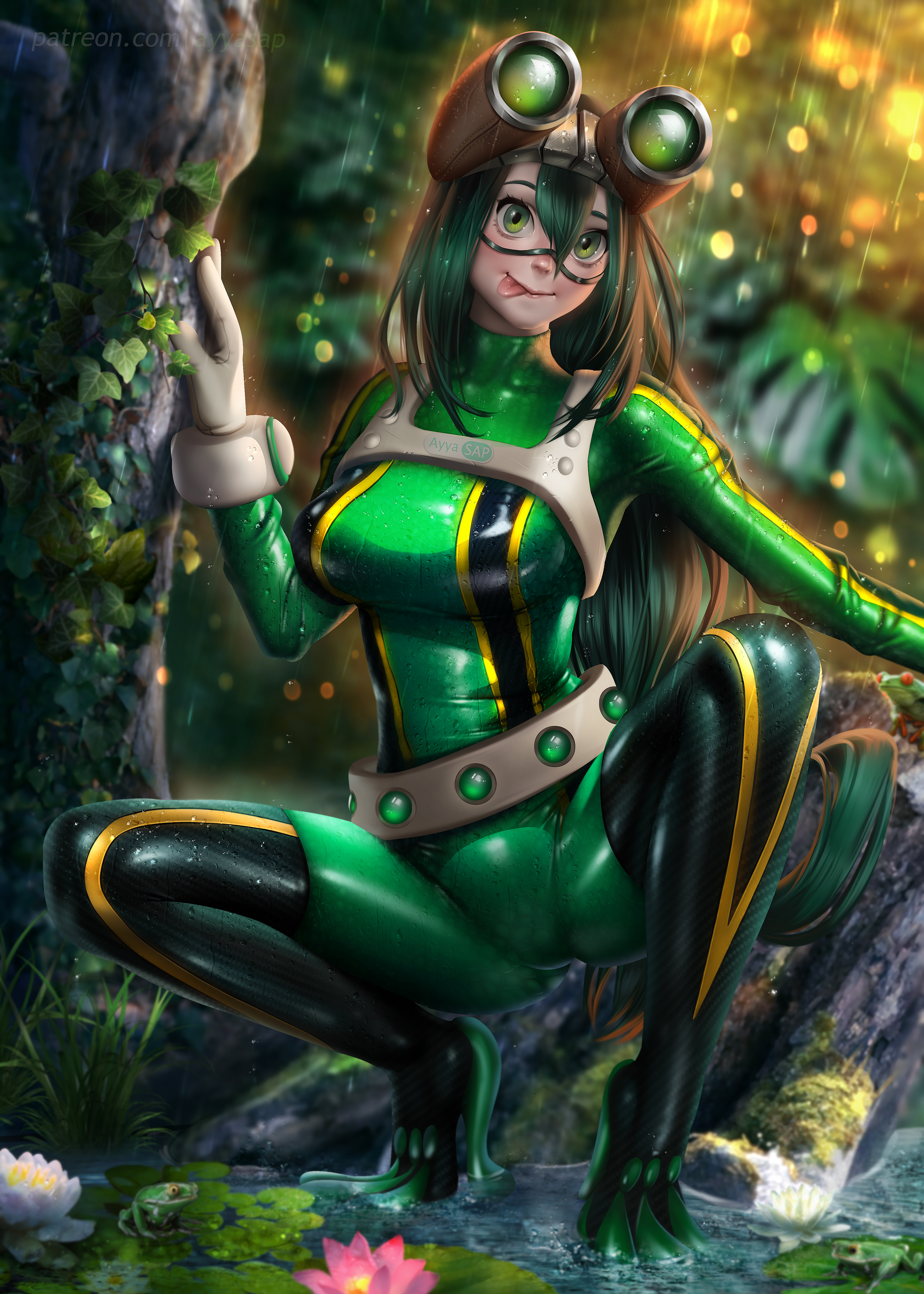 1girls, ayyasap, boots, costume, female, gloves, grass, green eyes, green hair, green-haired female, hero outfit (mha), high heels, highres, my hero academia, skin tight, tsuyu asui
