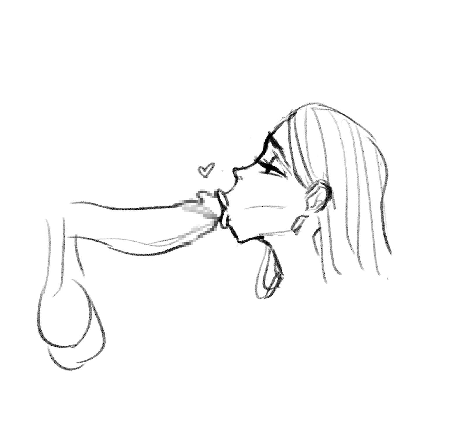 :>=, 1boy, 1girls, angry dragon, balls, big balls, censored, eyes half open, fellatio, fellatrix, female, heart, huge cock, kissing, kissing penis, lipstick, long hair, male, naughty face, oral, oral sex, penis, side view, sketch
