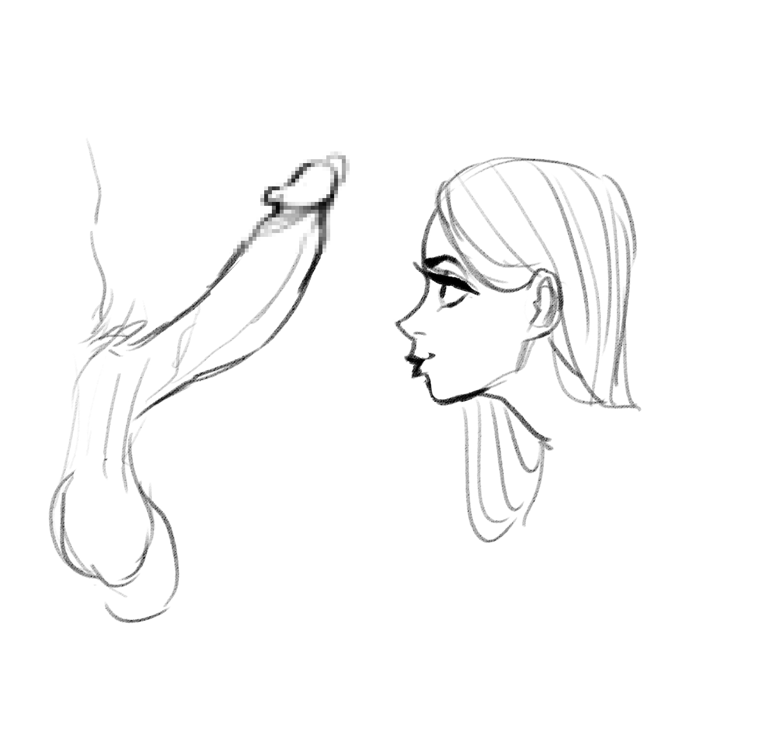 1boy, 1girls, balls, big balls, censored, fellatrix, female, huge balls, huge cock, imminent fellatio, imminent oral, leaking precum, lipstick, long hair, looking at penis, male, penis, precum, sagging balls, side view, sketch