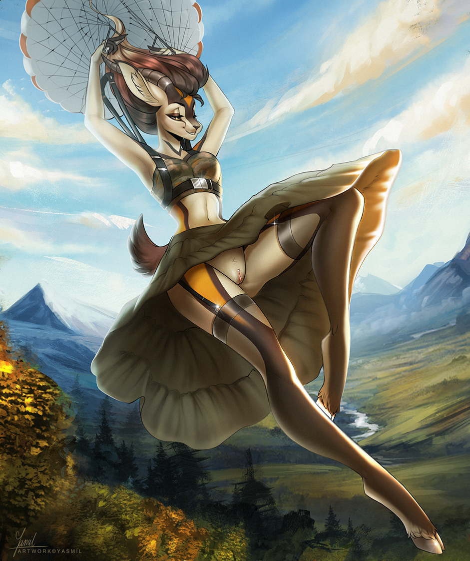 2019 antelope anthro biped black_fur black_horn bottomwear bovid brown_fur brown_tail clothing cloud crop_top day detailed_background dress eyelashes female fingerless_(marking) fur gazelle grass harness hooves horn legwear long_legs mammal mountain multicolored_fur navel outside parachute pussy shirt short_tail skirt sky smile solo stockings suspended_in_midair thigh_highs topwear tree upskirt white_fur yasmil yellow_fur zahra_(airheart)