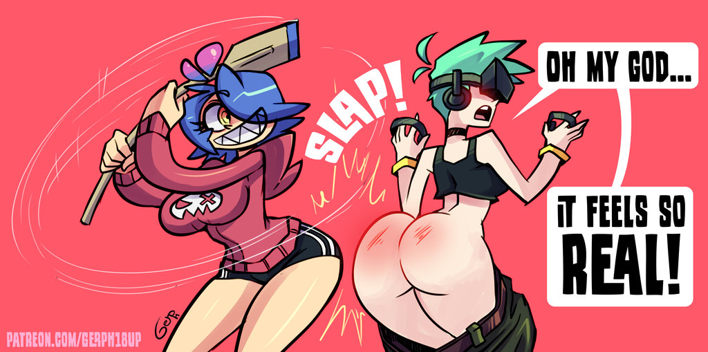 2girls ass belt breasts bubble_butt clothing female gaming gerph hoodie mint_(skarp_world) multiple_girls no_panties paddle paddling pants pants_down sharp_teeth shirt short_shorts shorts skarp_world skarpne_(skarp_world) spanking tagme virtual_reality vr_headset