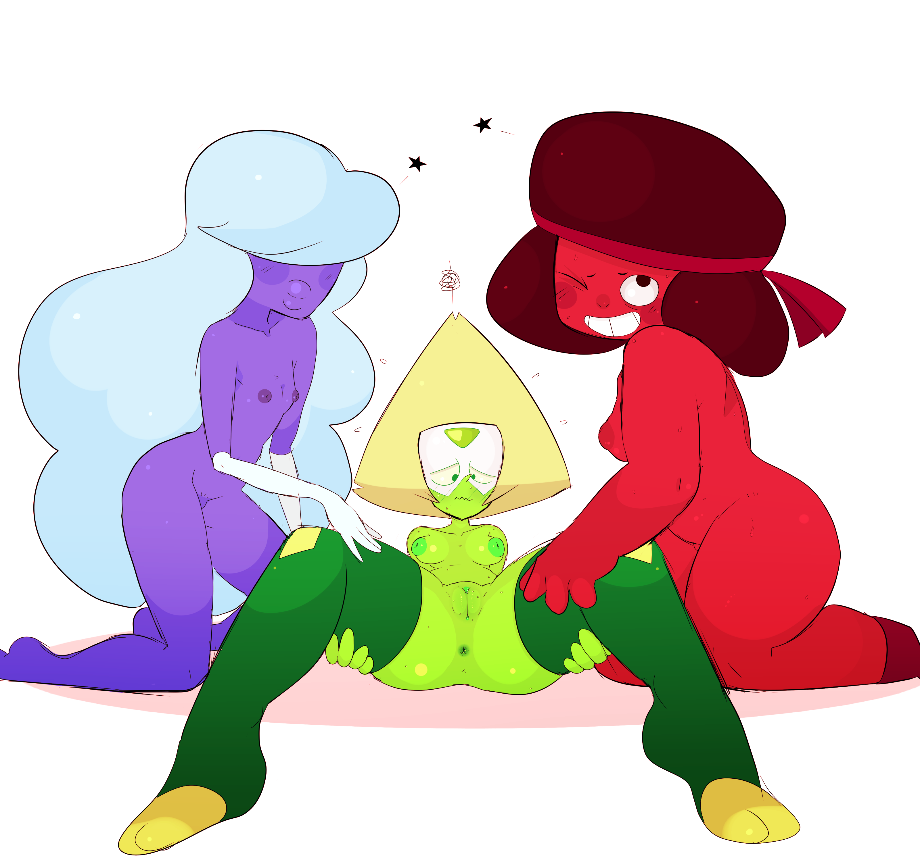absurd res, alien, anus, blonde hair, blue hair, bodily fluids, breasts, cartoon network, clothing, eggshoppe, female, gem (species), green skin, hair, hi res, humanoid, legwear, looking at viewer, one eye closed, peridot (steven universe), presenting, purple skin, pussy, red hair, red skin, ruby (steven universe), sapphire (steven universe), smile, spreading, steven universe, sweat, thick thighs, thigh highs, wink, yuri