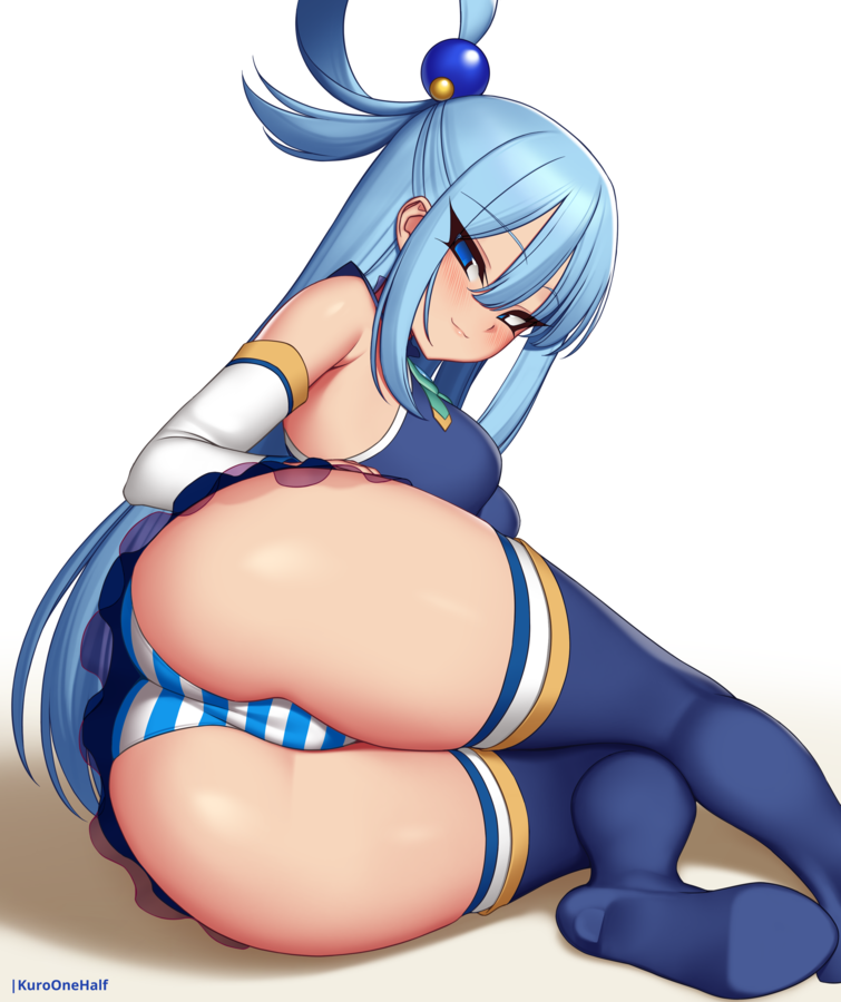 1girls alternate_version_available aqua_(konosuba) armwear ass ass_focus big_ass blue_eyes blue_hair blue_panties blue_skirt blue_thighhighs breasts dat_ass female female_only hair huge_ass kono_subarashii_sekai_ni_shukufuku_wo! kuroonehalf legwear long_hair looking_at_viewer panties skirt smile solo solo_female striped_panties thick_thighs thighhighs thighs