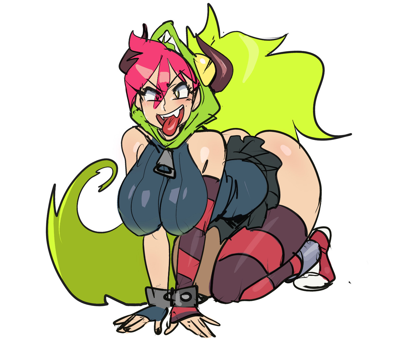 1girls, all fours, alternate breast size, ass, ass up, asymmetrical clothes, bent over, big ass, big breasts, blush, bracelet, breast squeeze, breast squish, breasts, cartoon network, demencia (villainous), elbow gloves, female, female focus, female only, footwear, green hair, hood, huge ass, huge breasts, leggings, long hair, looking at viewer, maniacpaint, multicolored hair, open mouth, panting, pink hair, red hair, skimpy clothes, solo, solo female, spiked bracelet, stockings, tease, teasing, thick ass, thick thighs, thighhighs, tongue, tongue out, very long hair, villainous, yellow eyes, yellow hair, zipper