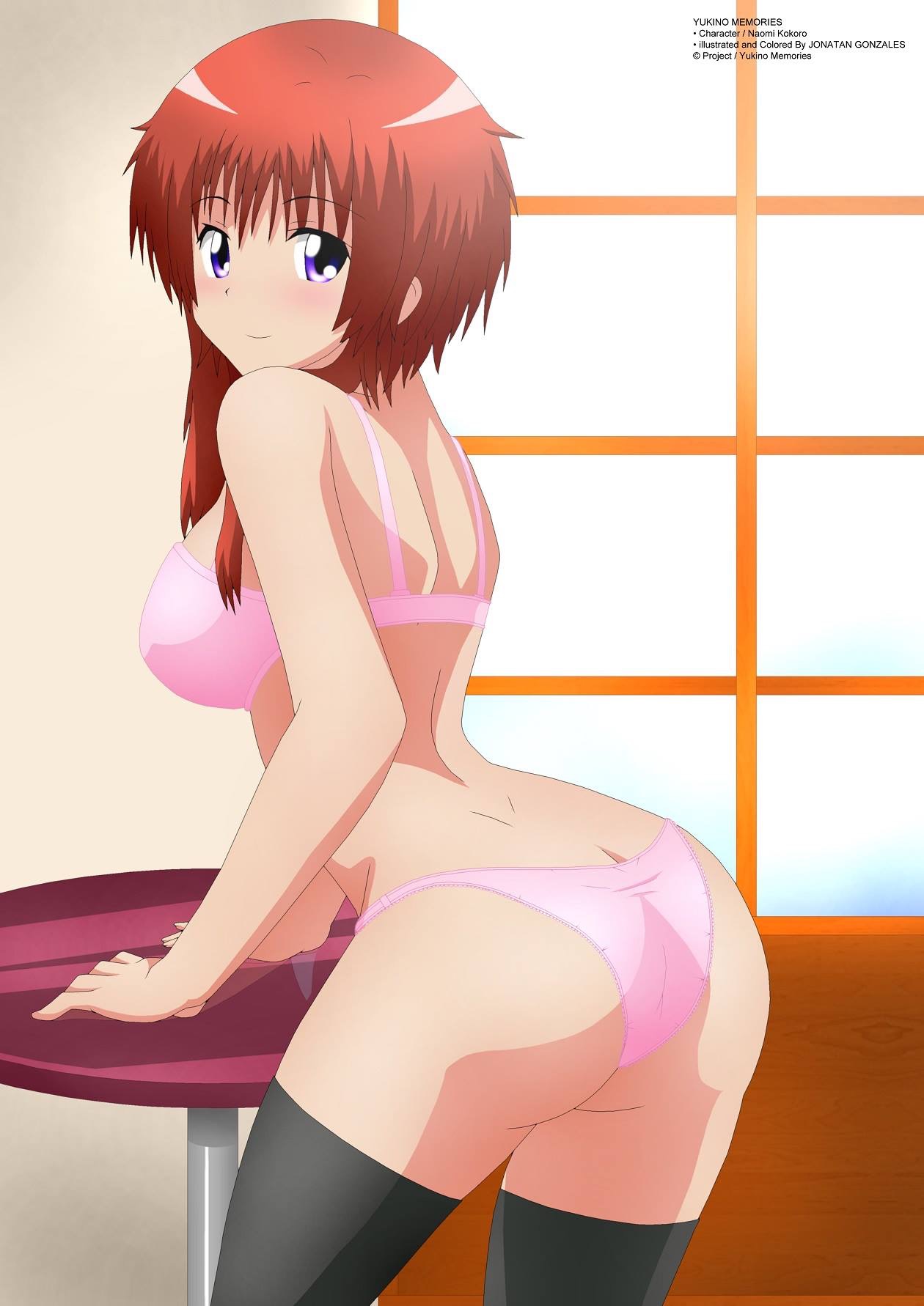 1girls, ass, bra, breasts, brown hair, clothed, female, female only, human, naomi kokoro, panties, pink bra, pink panties, purple eyes, text, thighhighs, watermark, yukino memories, zel-sama