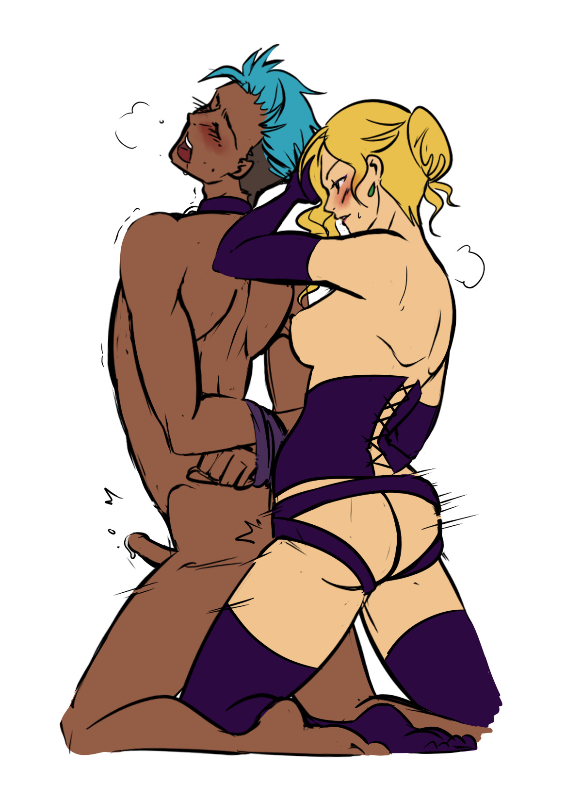 anal, anal sex, ass, black collar, black corset, black gloves, black stockings, blonde hair, blue hair, bound wrists, collar, corset, cute, dark skin, dark-skinned male, elbow gloves, erect while penetrated, female, female penetrating male, gloves, glynda goodwitch, liger after dark, male, male penetrated, neptune vasilias, open mouth, pegging, pounding, railing, rwby, stockings, straight, strap-on, strapon