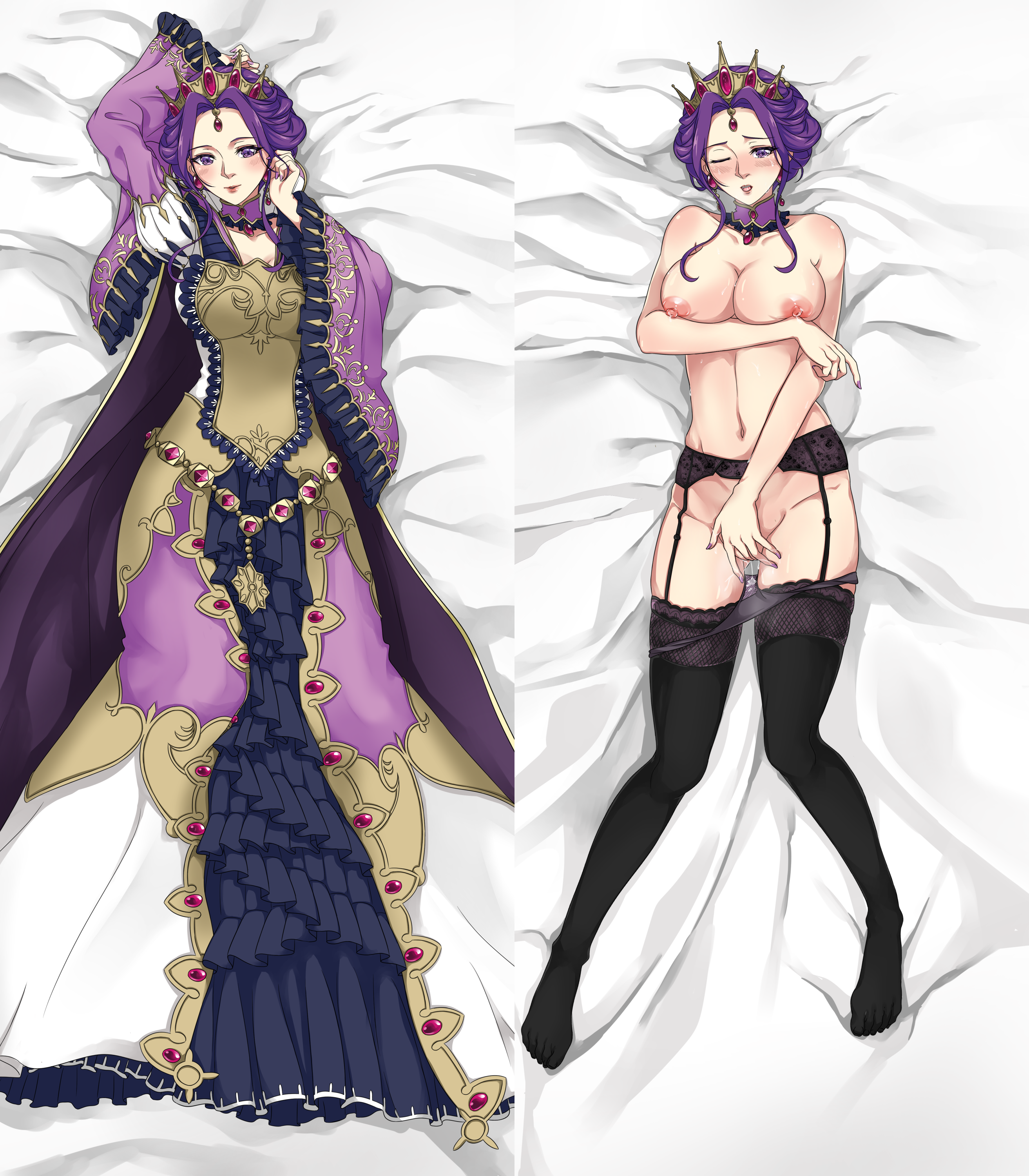 blush, breast squish, breasts, crown, dakimakura, female, fingering, fingering self, functionally nude, functionally nude female, garter, garter belt, garter straps, masturbation, mature, mature female, milf, mirelia q melromarc, panties, panties down, purple hair, queen, royalty, tate no yuusha no nariagari