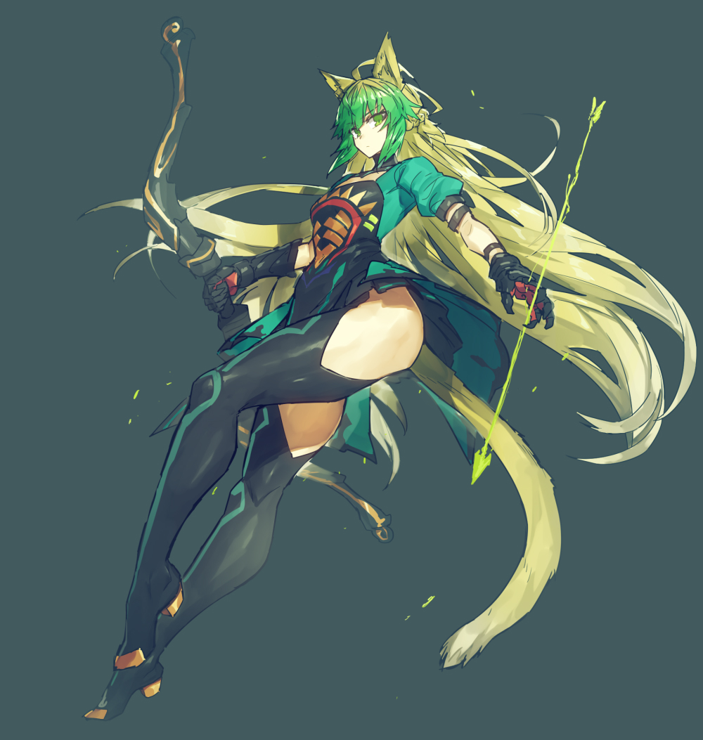 1girls, archer, arrow (weapon), atalanta (fate), boots, bow (weapon), cat ears, cat girl, cat tail, catgirl, fate (series), fate/apocrypha, fate/grand order, female, female only, green eyes, green hair, heel boots, long hair, looking at viewer, melon22, simple background, solo, thigh boots, weapon