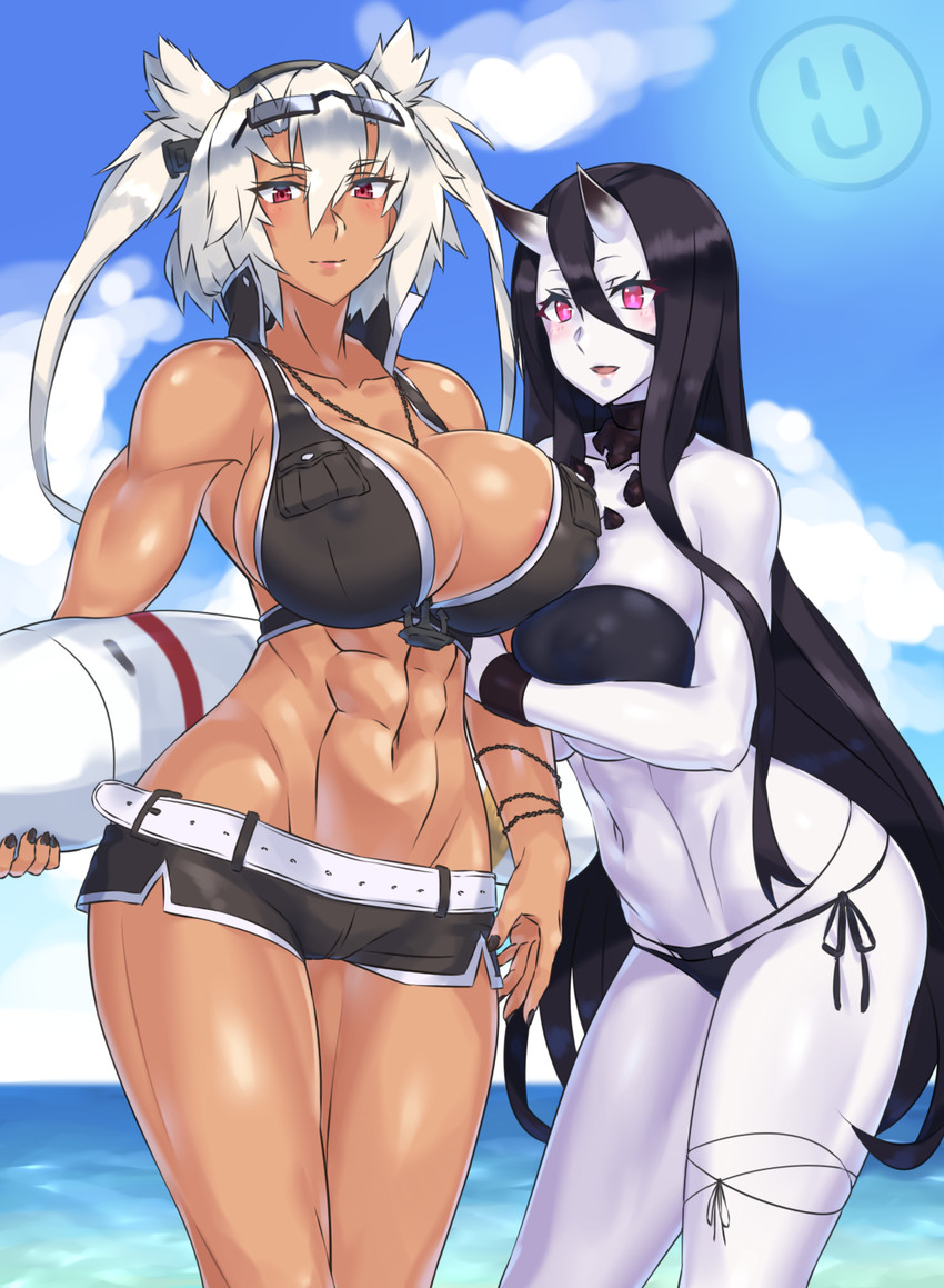 2girls abs beach dark-skinned_female evuoaniramu kantai_collection mizuumi_(bb) multiple_girls musashi_(kantai_collection) muscular_female