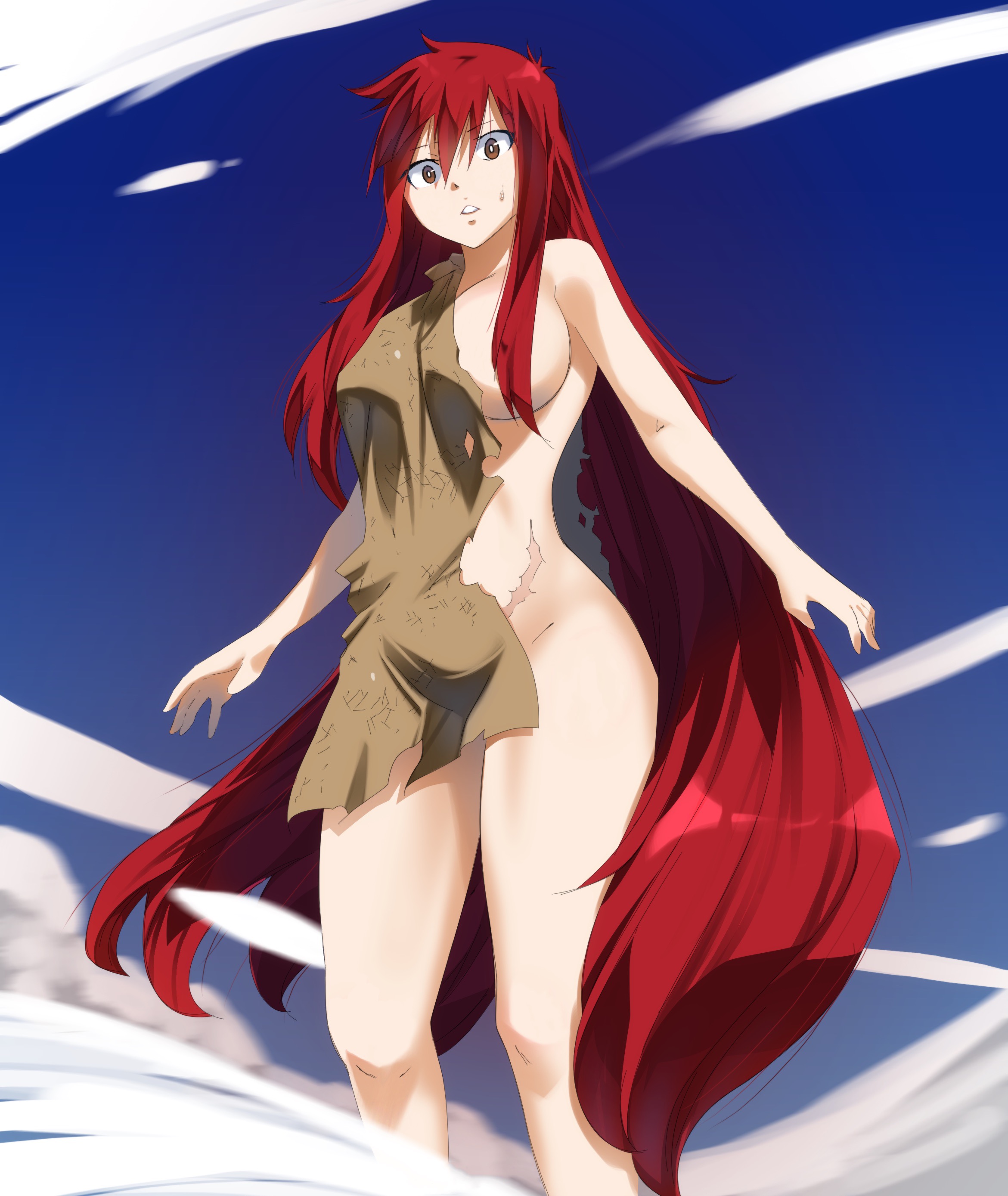 1girls, breasts, edit, fairy tail, female, gaston18, irene belserion, large breasts, looking at viewer, red hair, red-haired female, scar, thick thighs, wide hips