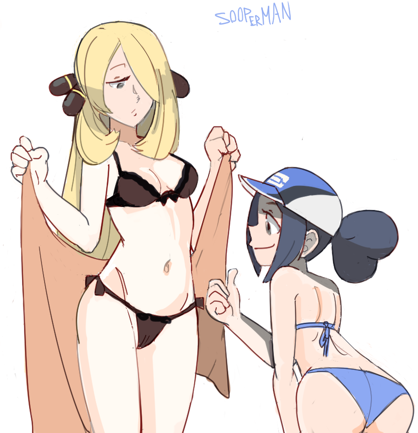 2girls age_difference ass ass_cleavage belly bent_over bettie_(pokemon) bikini black_bikini black_hair blonde_hair blonde_hair_over_one_eye blue_bikini body_rating breasts butt_crack cameltoe cleavage clothed cynthia_(pokemon) female_focus female_only grey_eyes grey_hair hair_over_one_eye half-closed_eyes hat human long_blonde_hair long_hair midriff navel nintendo pokemon pokemon_dppt pokemon_masters ponytail size_difference small_breasts smile sooperman stomach text thumbs_up towel tummy watermark white_background wide_hips yuri