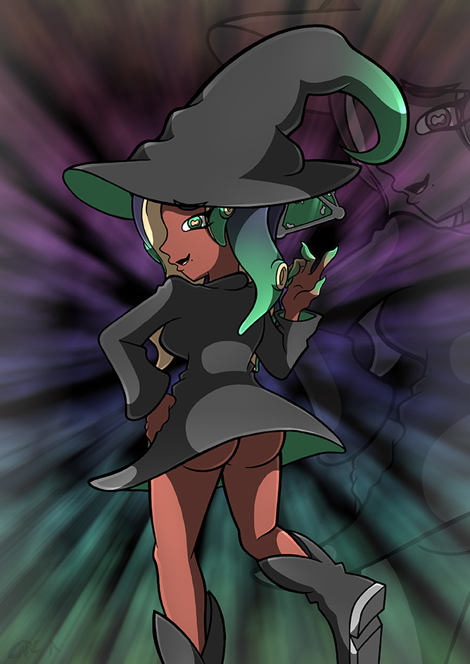 ass cephalopod_humanoid dark-skinned_female dark_skin female green_eyes kiroxiii knight_vs._wizard_splatfest marina_(knight_vs._wizard) marina_(splatoon) nintendo octoling pantsless solo splatoon splatoon_2 witch_hat