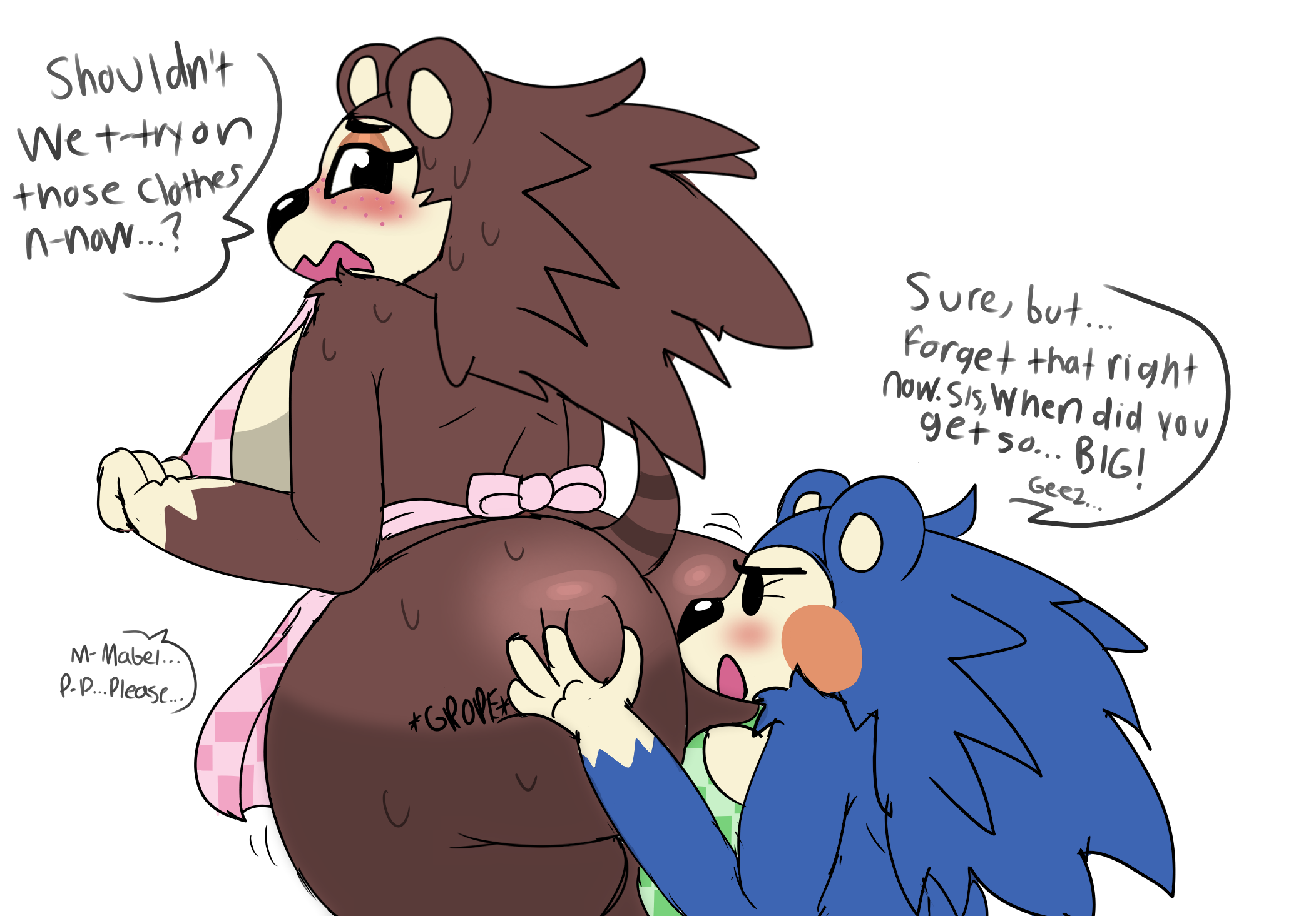 2019, animal crossing, anthro, apron, ass, ass grab, big ass, big breasts, big butt, blush, breast squish, breasts, butt grab, clothing, darkwolfhybrid, dialogue, embarrassed, eulipotyphlan, female, flustered, freckles, grope, hand on ass, hand on butt, hedgehog, hi res, incest, looking back, mabel able, mammal, nintendo, overweight, sable able, sibling, sister, sisters, squish, sweat, video games, wide hips, yuri