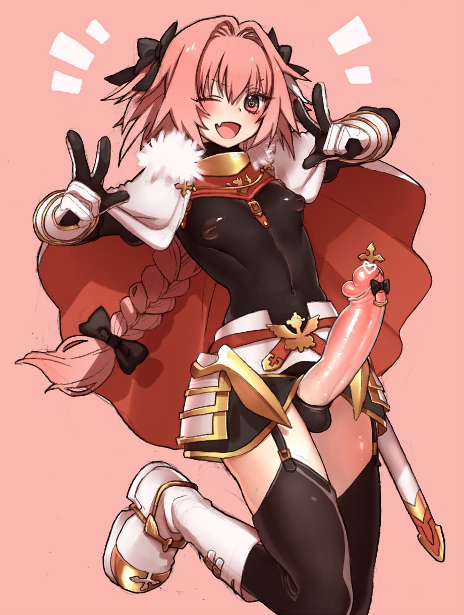 1boy astolfo_(fate) balls balls_in_panties big_penis blush bow braided_ponytail censored exposed_penis fangs fate/apocrypha fate/grand_order fate_(series) femboy human hung_trap large_penis male male_only minnnaorenoyome open_mouth panties penis pink_hair ponytail pose shoes small_but_hung standing standing_on_one_leg sword thighhighs trap v weapon wink