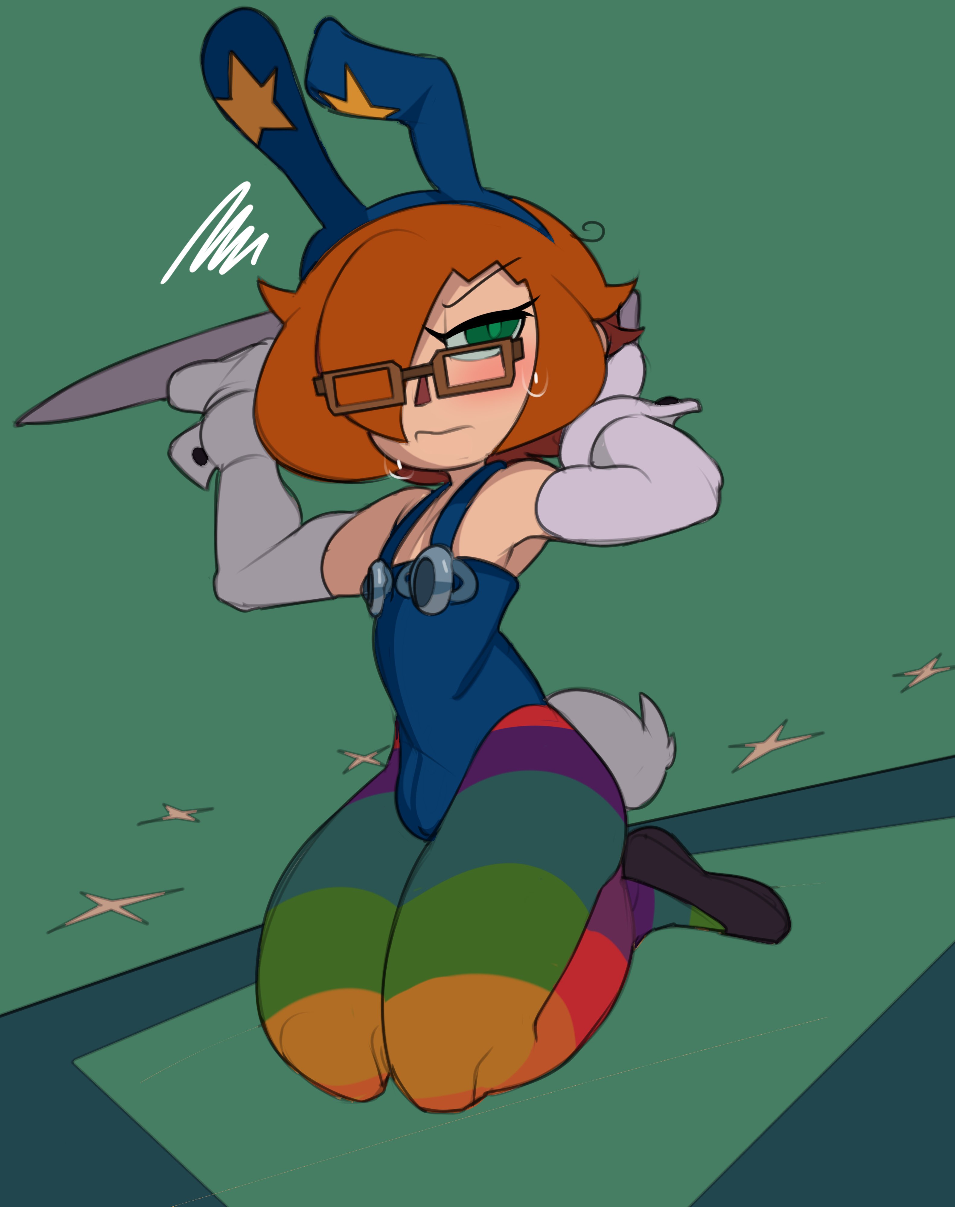 1boy, 2018, androgynous, animal crossing, animal crossing boy, blush, bulge, bunny ears, bunny tail, captain kirb, crossdressing, femboy, frag (captain kirb), girly, glasses, green eyes, kneeling, male, male only, nintendo, oc, only player, orange hair, original, original character, rainbow leggings, solo, thick thighs, thighs, trap, villager (animal crossing)
