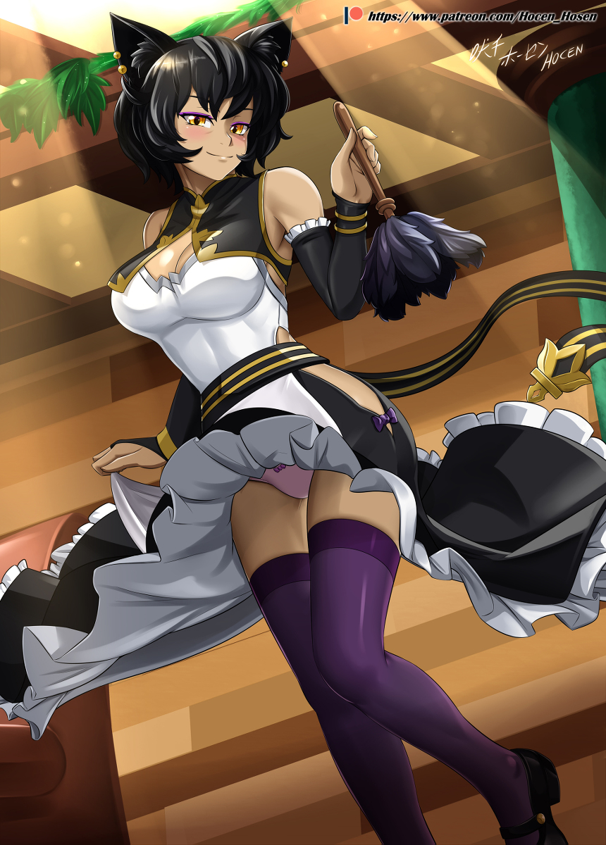 1girls, 5 fingers, big breasts, black hair, breasts, cat ears, catgirl, dress, female, female only, kali belladonna, kemonomimi, maid uniform, mature, mature female, milf, panties, rwby, short hair, yellow eyes