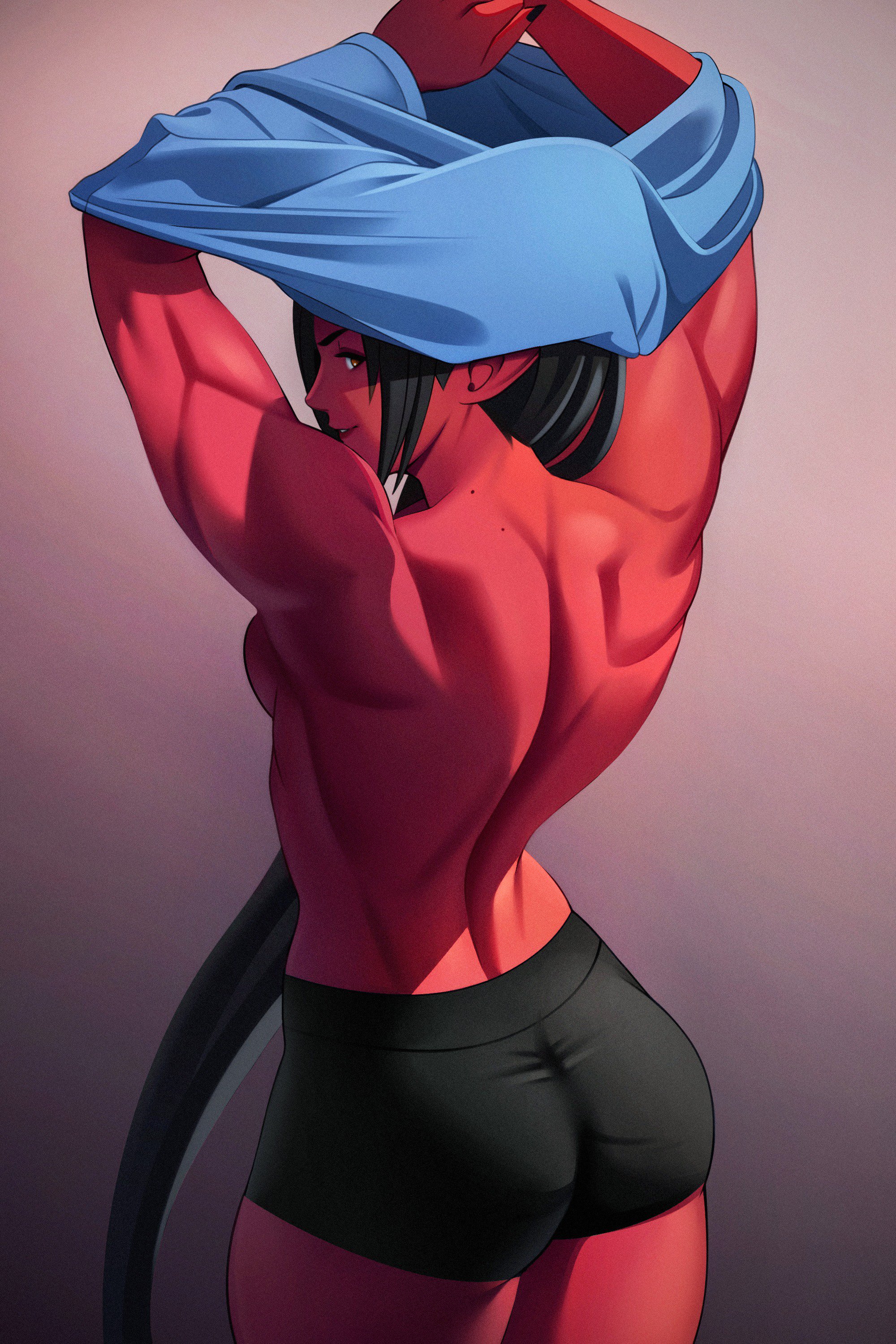 1girls, akihiro94, arms up, ass, back, black hair, breasts, brown eyes, female, female only, highres, large ass, long hair, looking at viewer, looking back, muscles, muscular, muscular back, muscular female, no bra, oni, original, ponytail, red skin, shirt lift, short, short shorts, sideboob, small breasts, smile, solo, toned, toned female, undressing, very long hair