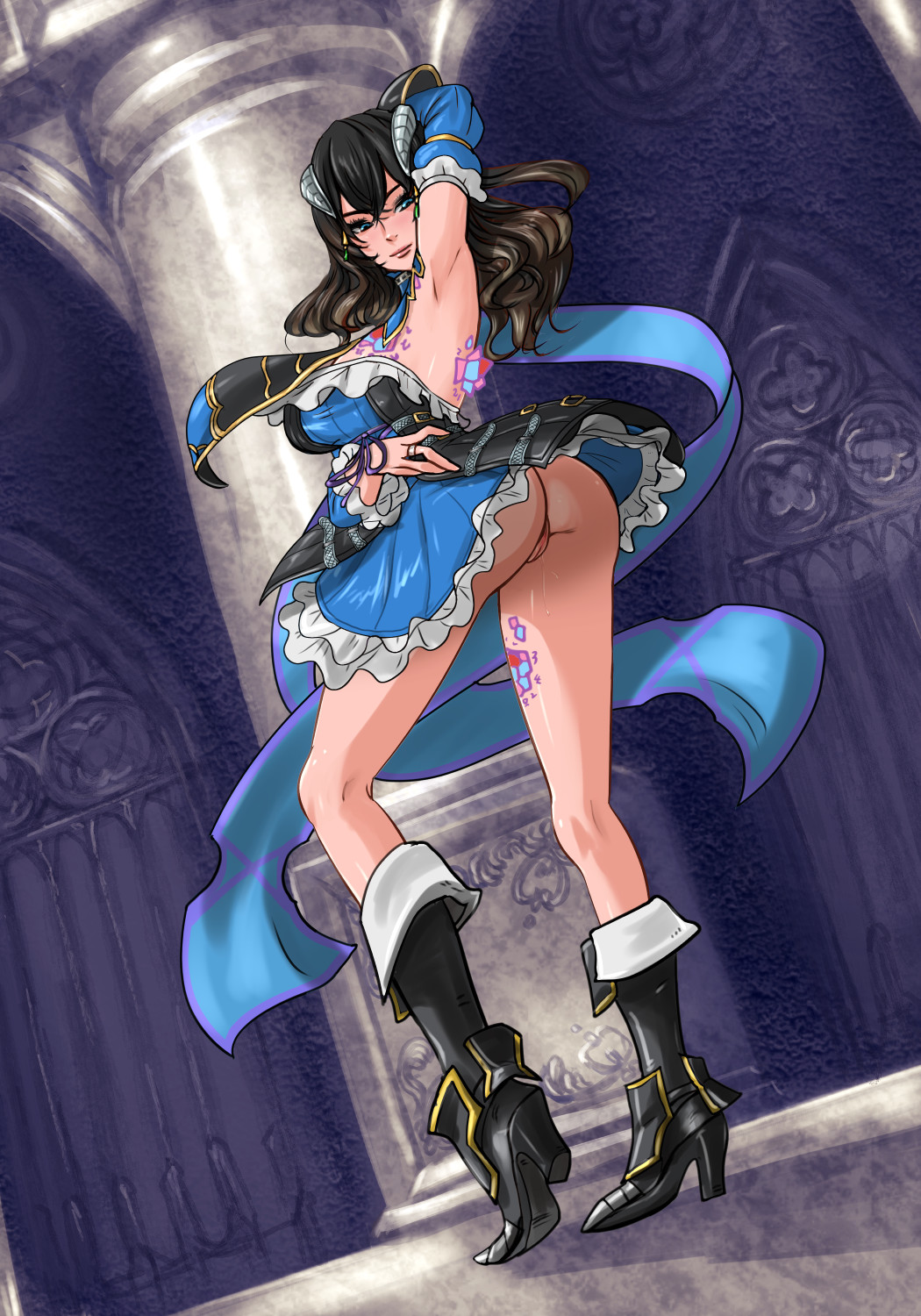 1girls, bloodstained: ritual of the night, blue eyes, female, female only, miriam (bloodstained), pussy, solo, tagme, tattoo