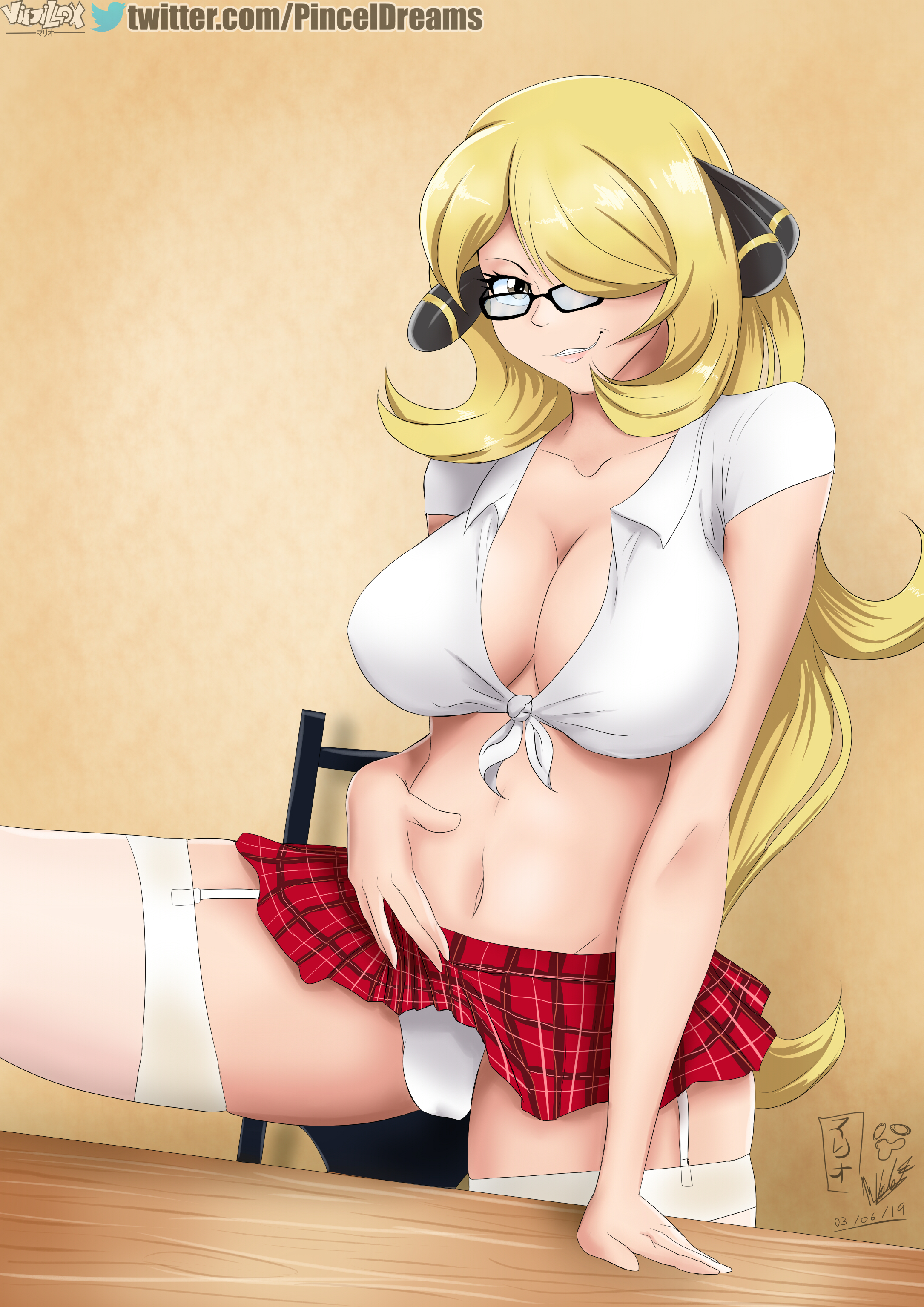 1girls, 2019, alternate breast size, alternate eye color, alternate outfit, bare shoulders, belly, big breasts, blonde hair, breasts, brown hair, cleavage, clothed, cynthia (pokemon), dated, eye contact, eyelashes, female, female only, glasses, grin, hair ornament, human, large breasts, leg up, long hair, looking at viewer, midriff, navel, nintendo, panties, pokemon, pokemon dppt, red skirt, shirt, skirt, smile, solo, spread legs, tank top, teeth, text, thick thighs, thighhighs, twitter username, url, very long hair, viejillox, watermark, white panties, white thighhighs, yellow background