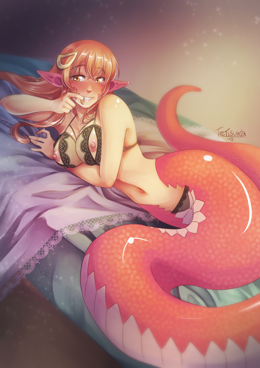 1girls, areolae, big breasts, bra, breasts, clothing, female, female only, hair, lamia, lingerie, long hair, miia (monster musume), monster girl, monster musume no iru nichijou, naga, nipples, solo, sехual, tetisuka