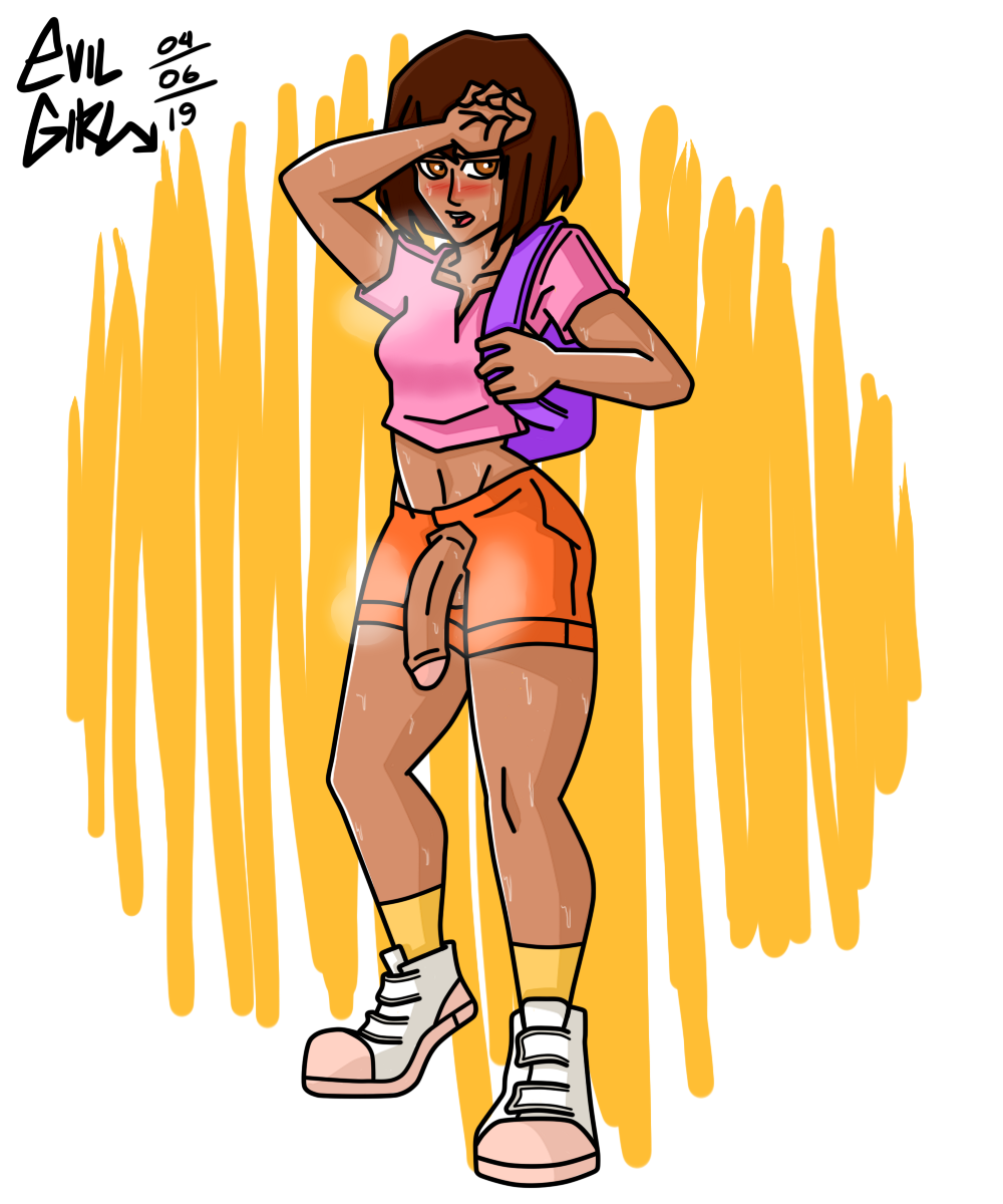 1futa 2019 arm_up backpack bag belly bellybutton big_penis brown_eyes brown_hair brown_skin dark-skinned_futanari dark_skin dora_marquez dora_the_explorer evilgirl footwear futa_only futanari human intersex latina nickelodeon open_mouth orange_shorts penis pink_shirt shoes short_hair shorts socks standing steam sweat sweaty sweaty_balls sweaty_belly sweaty_thighs tired white_background yellow_background