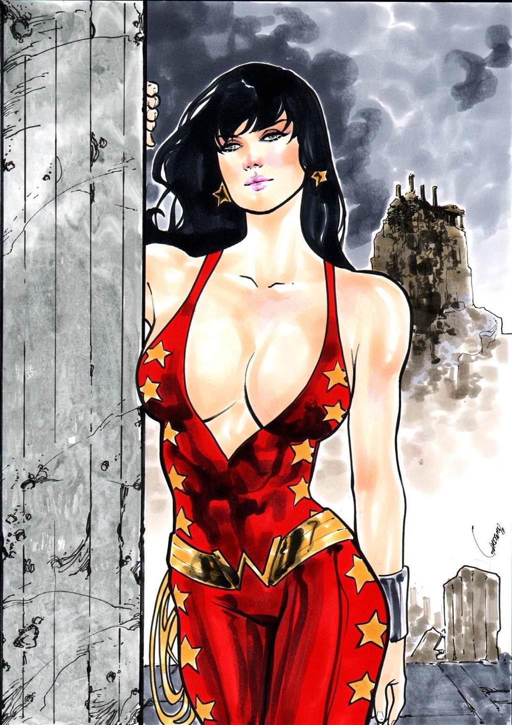 1girls amazon big_breasts black_hair bracers breasts busty cleavage clothed clothed_female clothes clothing costume curvy dc dc_comics donna_troy earrings ed_benes_studio female female_only gardenio_lima green_eyes human large_breasts lasso leaning leaning_on_object long_hair nipples nipples_visible_through_clothing outfit pillar pink_lips ruins solo star star_earrings stars superheroine teen_titans themysciran troia uncensored voluptuous wonder_girl wonder_woman_(series)