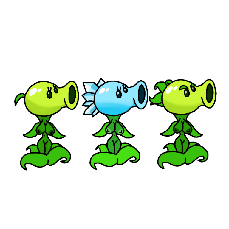 3girls areolae blank_background breasts curvy erect_nipples female female_only large_breasts leaf_hair nipples nude open_mouth peashooter_(pvz) plant plant_girl plants_vs_zombies repeater_(pvz) shortstack snow_pea_(pvz)