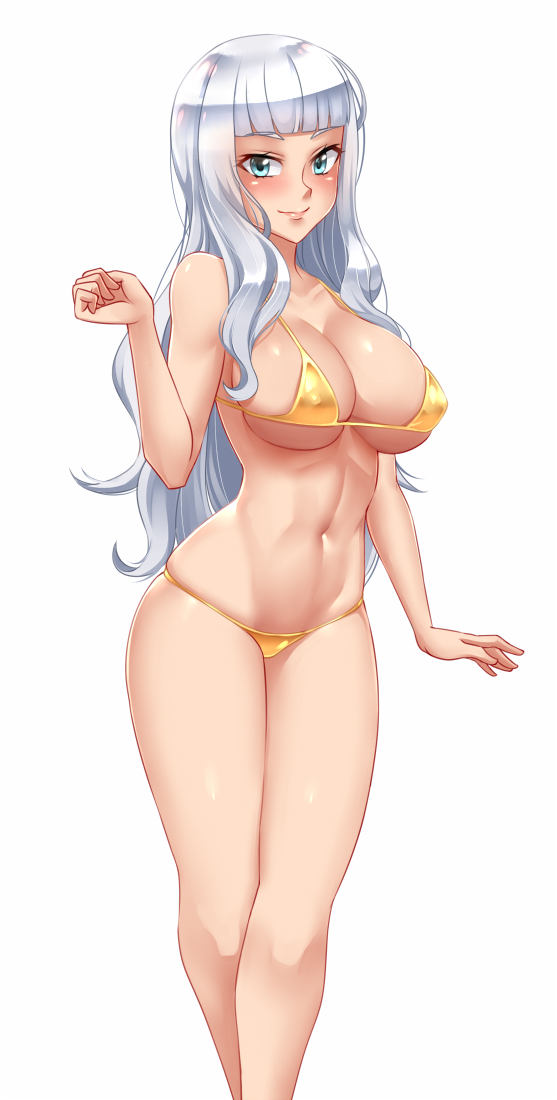 1girls aqua_eyes bangs bikini blunt_bangs breasts cleavage covered_nipples female hanakai_momo high_school_dxd long_hair looking_at_viewer navel pose simple_background skindentation smile solo swimsuit twrlare wavy_hair white_background white_hair yellow_bikini