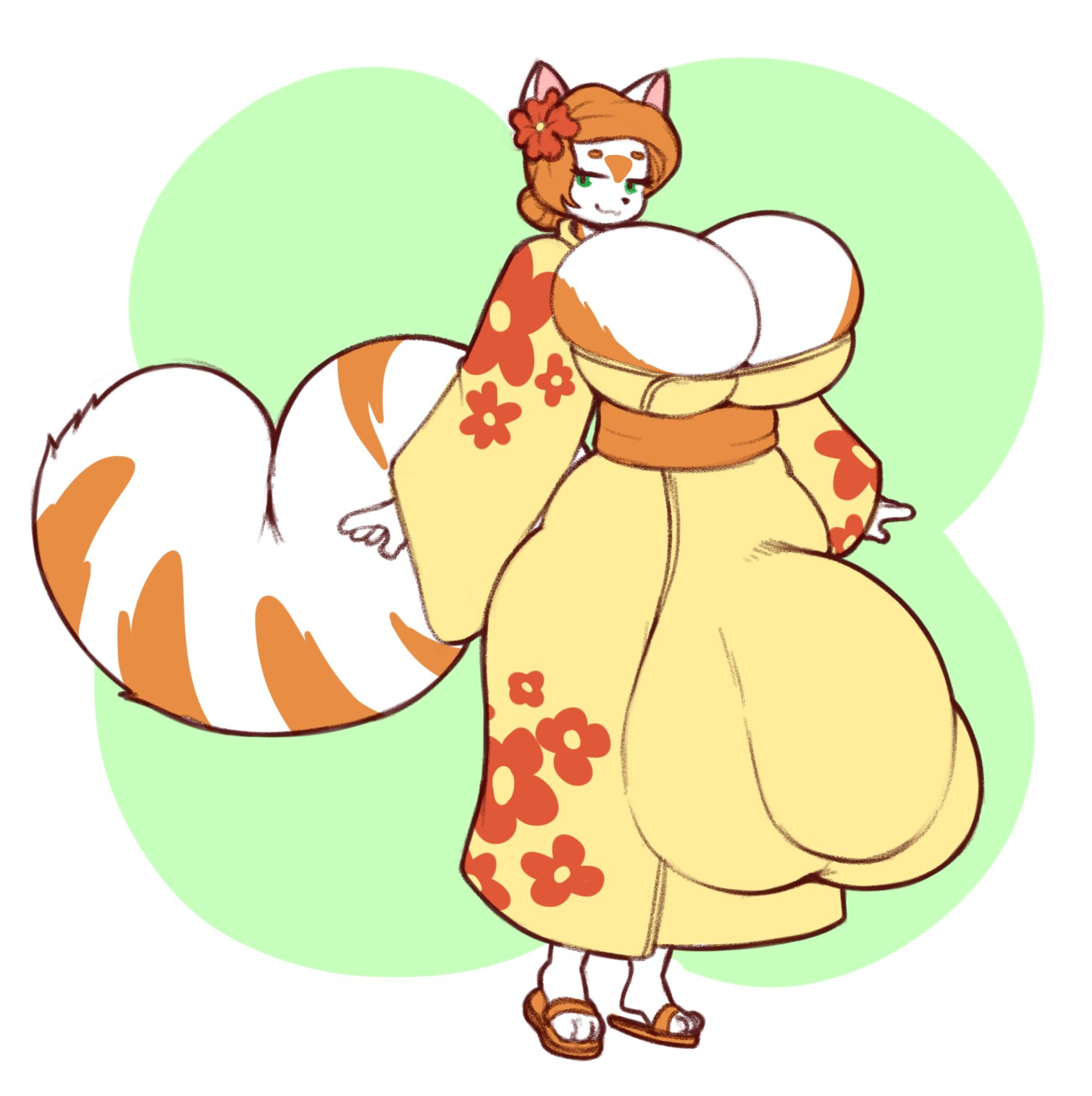 1futa, angstrom, anthro, balls, breasts, cleavage, curvy, feline, flaccid, furry, futa only, futanari, hyper, hyper balls, hyper breasts, hyper penis, intersex, kimono, orange hair, penis, penis under clothes, penis under skirt, sandals, skirt, tail, white fur, wide hips