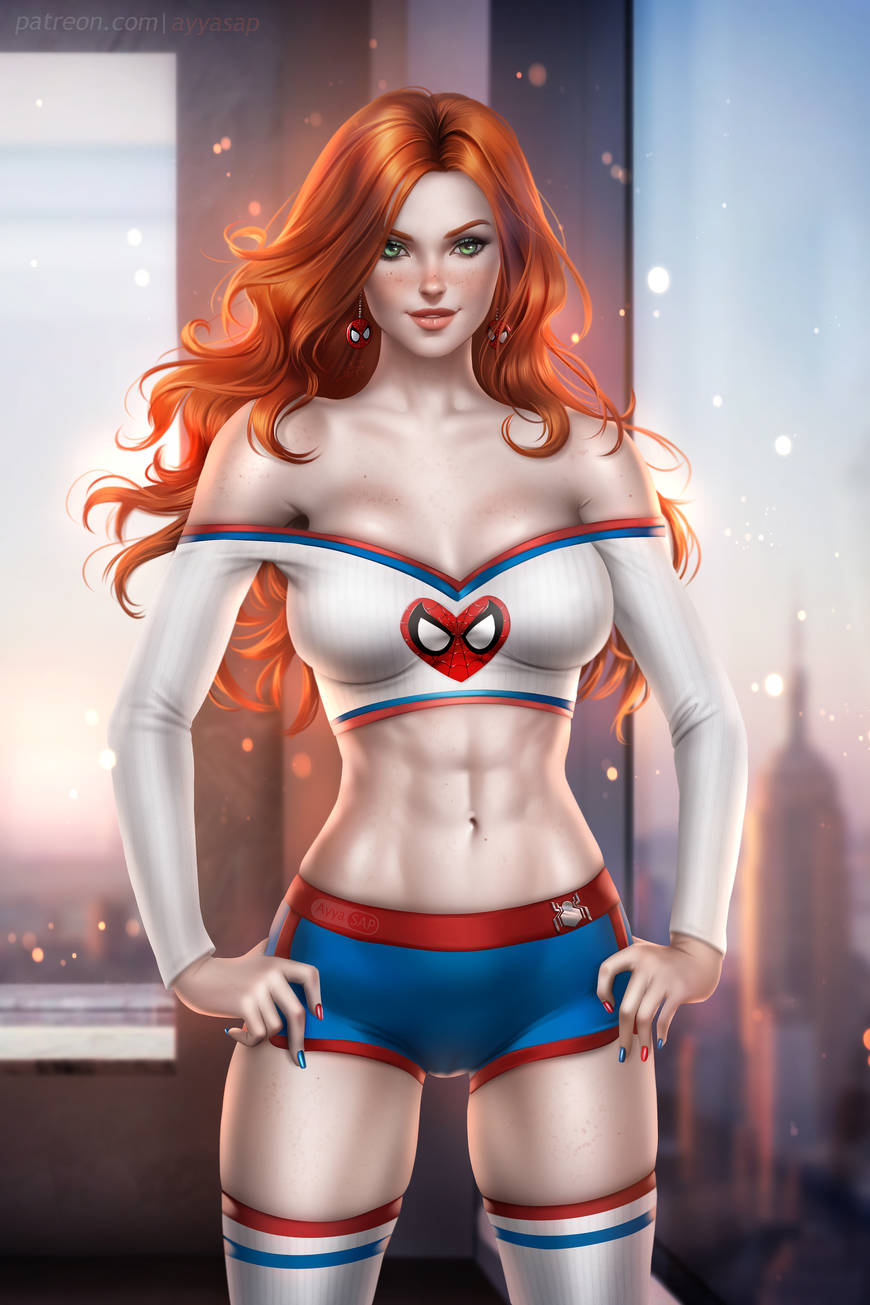 ayyasap, breasts, earrings, female, female only, ginger, green eyes, highres, large breasts, legwear, marvel, marvel comics, mary jane watson, medium breasts, orange hair, red hair, revealing clothes, seductive, seductive look, seductive smile, short shorts, shorts, spider-man, spider-man (series), straight hair, superhero, thighhighs